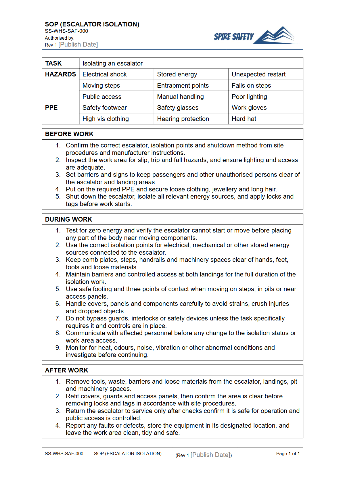Free Safe Operating Procedure (Escalator Isolation) Template — document preview