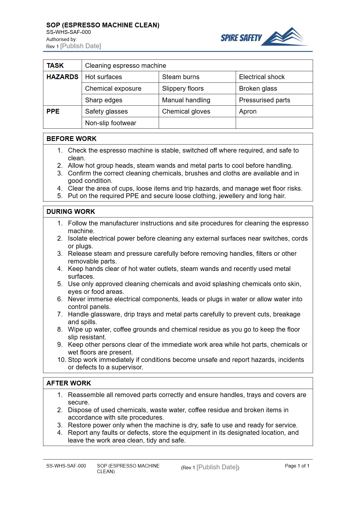 Free Safe Operating Procedure (Espresso Machine Clean) Template — document preview