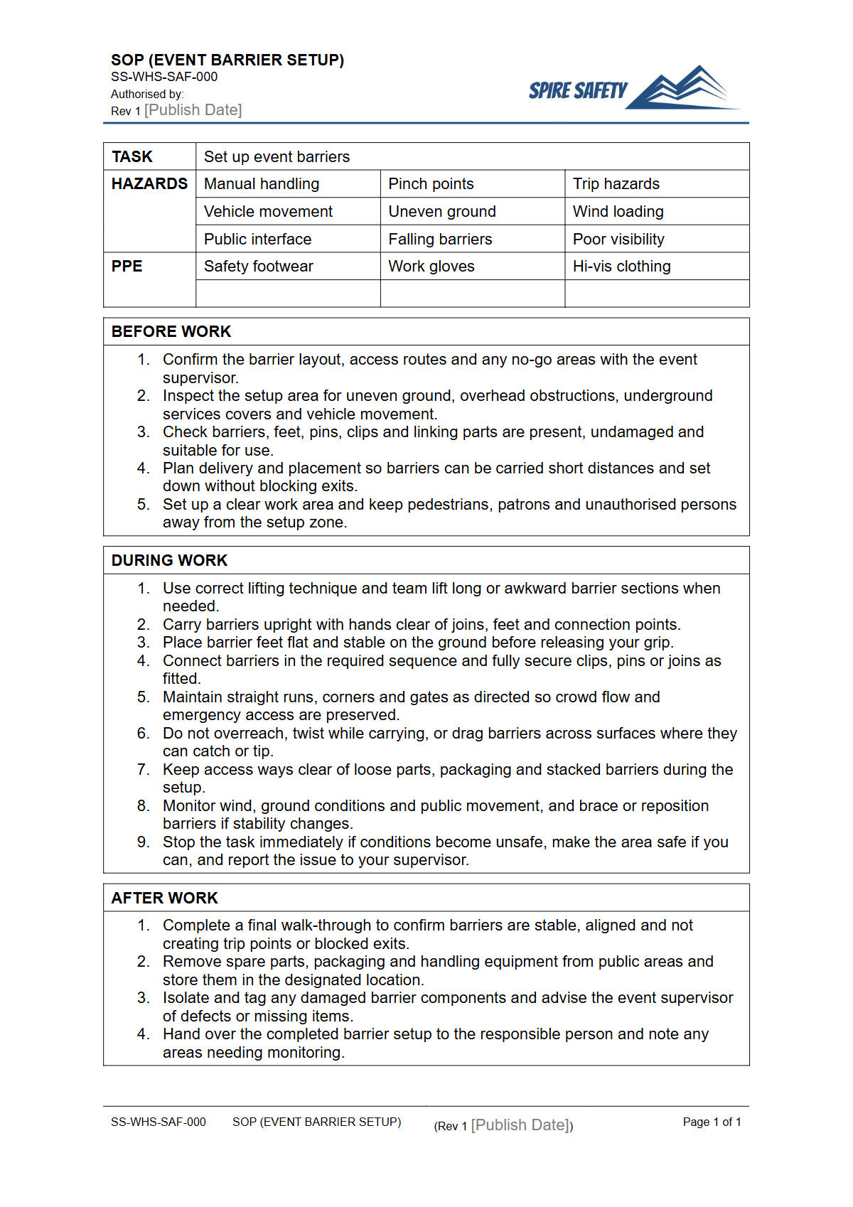 Free Safe Operating Procedure (Event Barrier Setup) Template — document preview