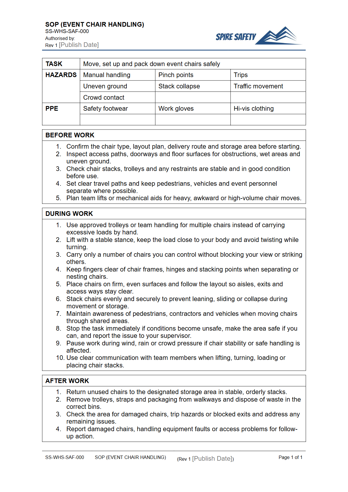 Free Safe Operating Procedure (Event Chair Handling) Template — document preview