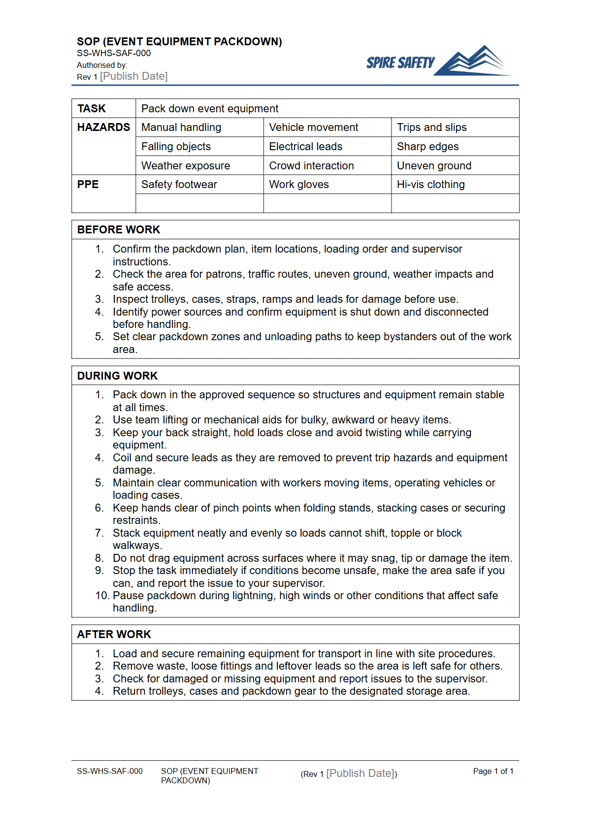 Free Safe Operating Procedure (Event Equipment Packdown) Template — document preview