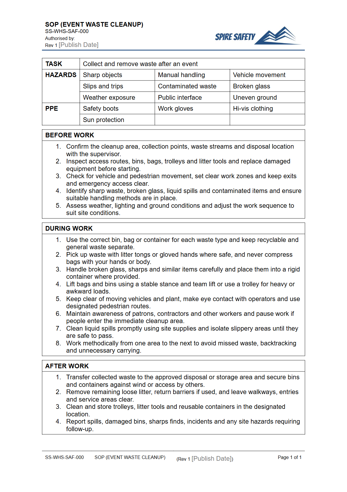 Free Safe Operating Procedure (Event Waste Cleanup) Template — document preview