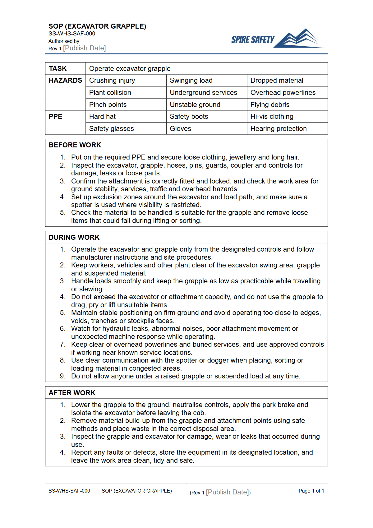 Free Safe Operating Procedure (Excavator Grapple) Template — document preview