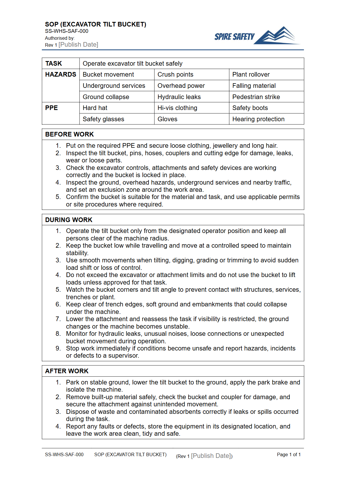Free Safe Operating Procedure (Excavator Tilt Bucket) Template — document preview