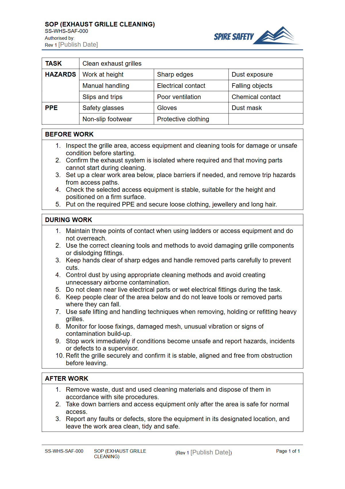 Free Safe Operating Procedure (Exhaust Grille Cleaning) Template — document preview