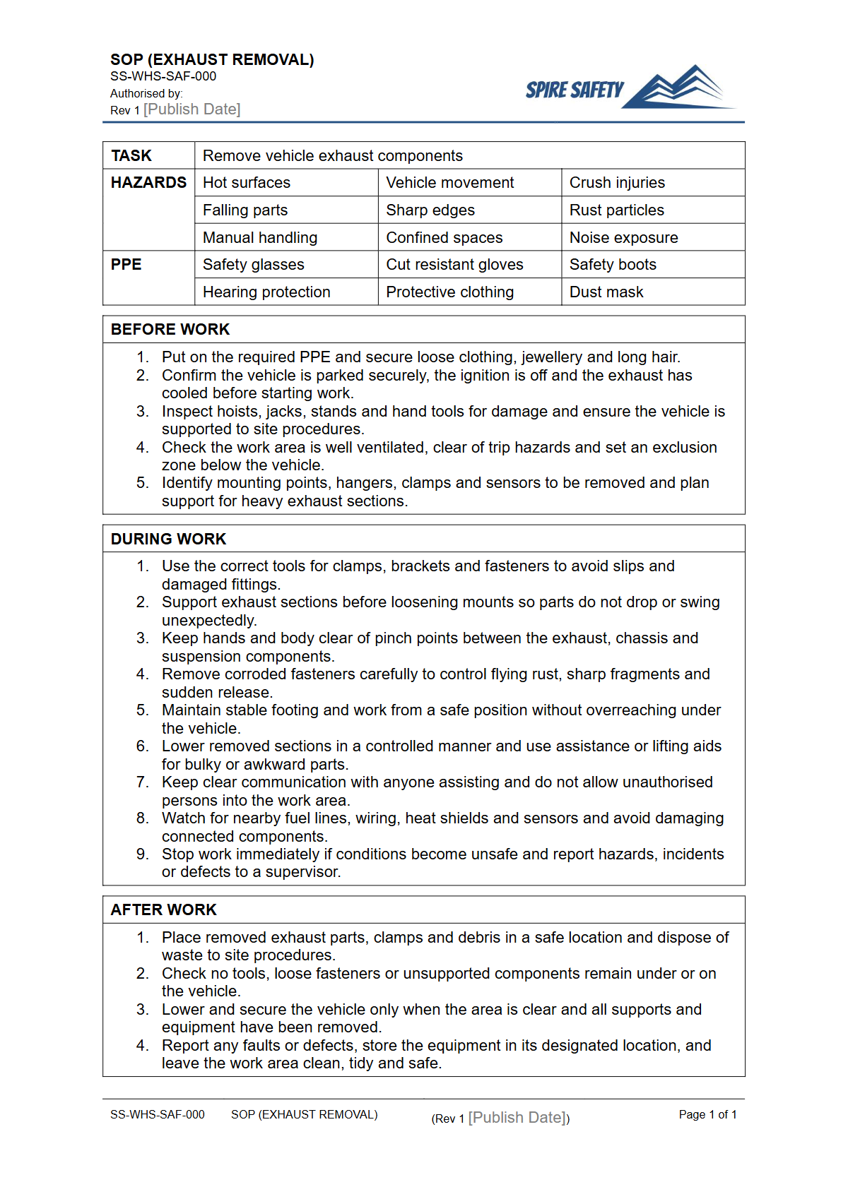 Free Safe Operating Procedure (Exhaust Removal) Template — document preview