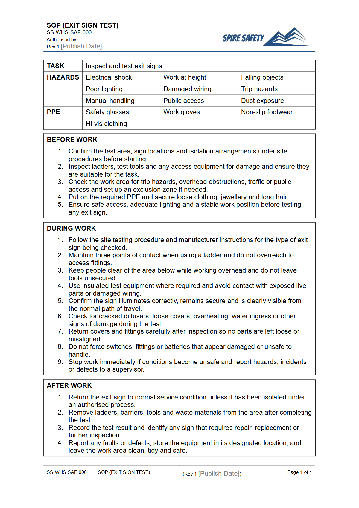 Free Safe Operating Procedure (Exit Sign Test) Template — document preview