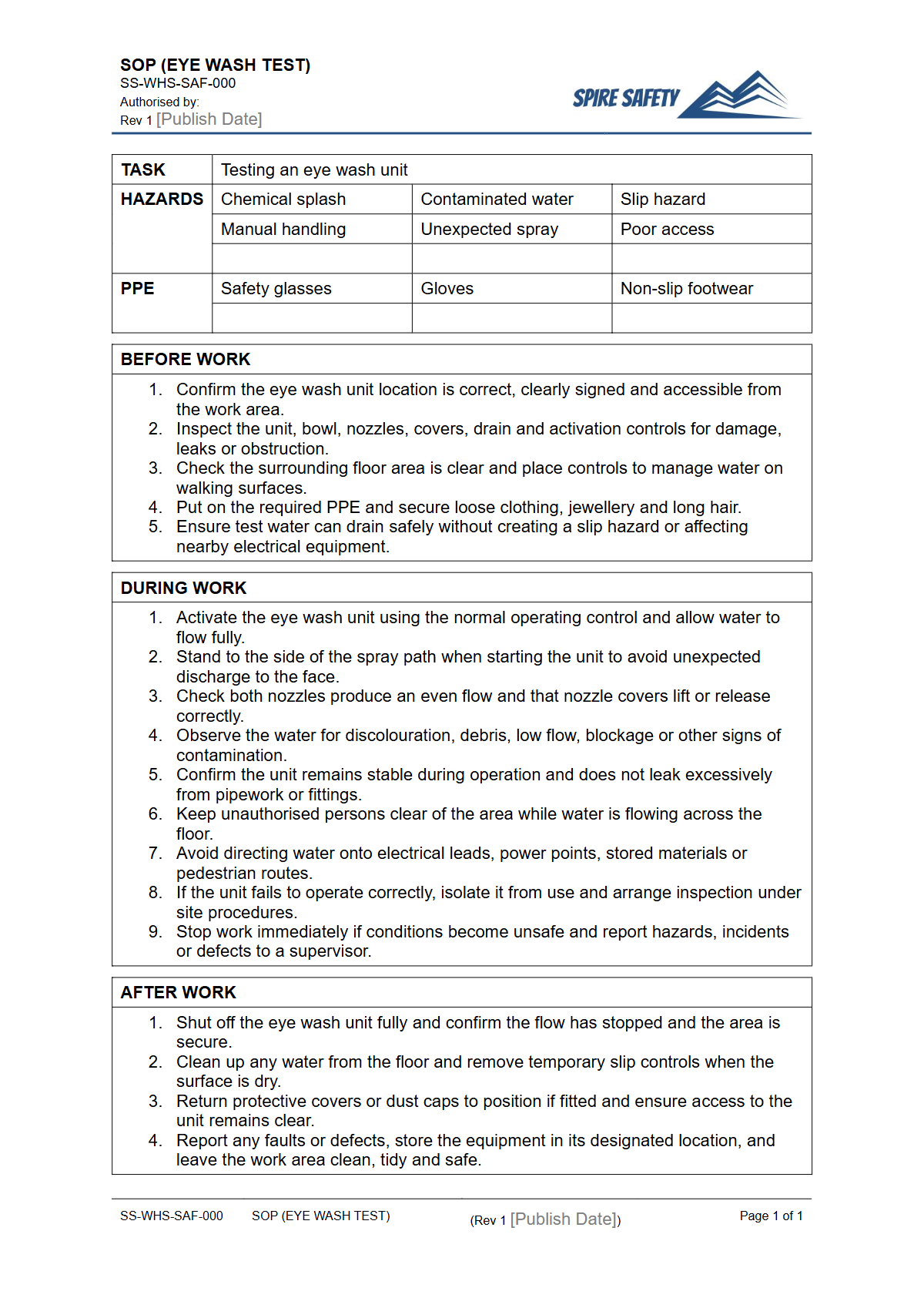Free Safe Operating Procedure (Eye Wash Test) Template — document preview