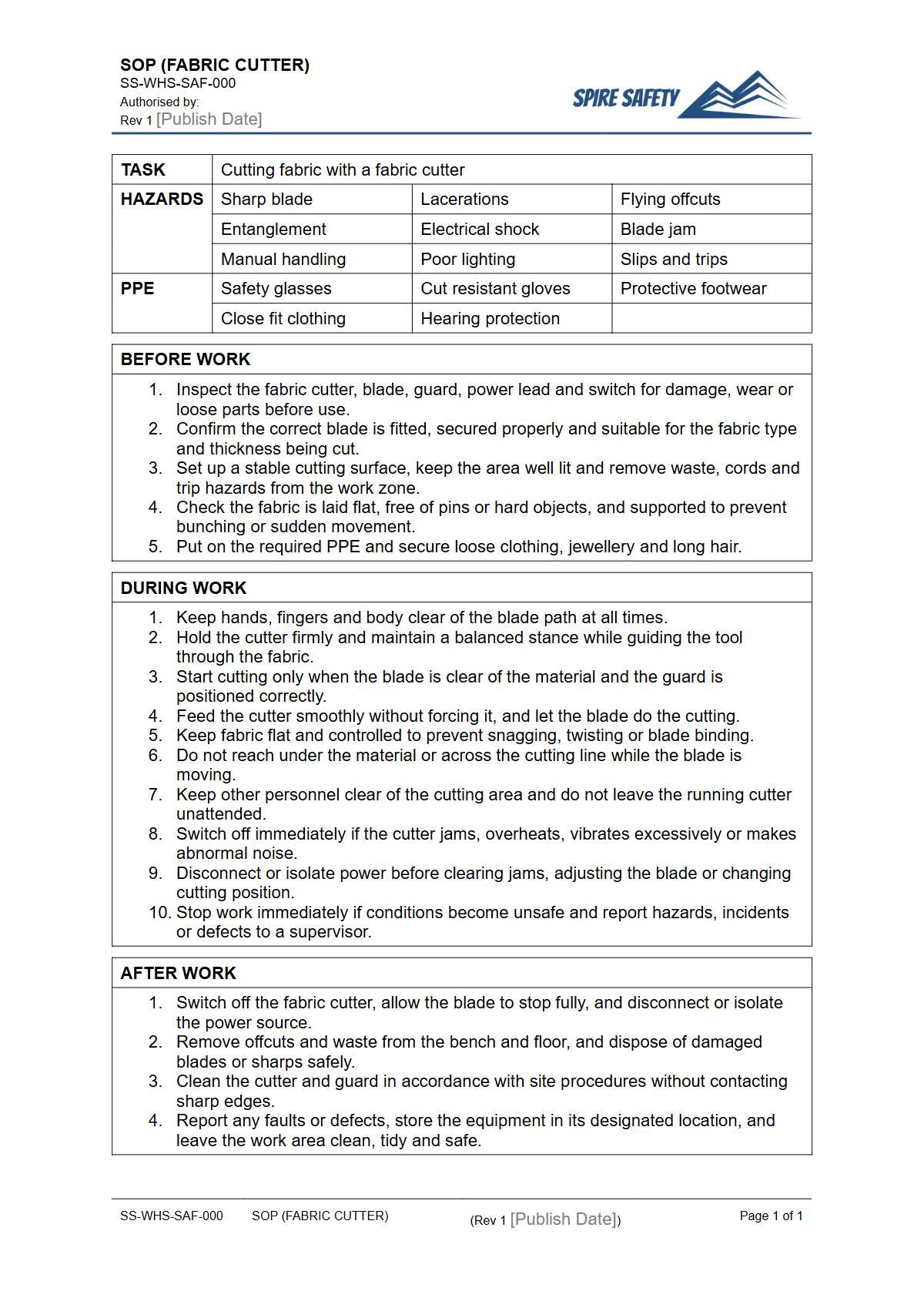 Free Safe Operating Procedure (Fabric Cutter) Template — document preview