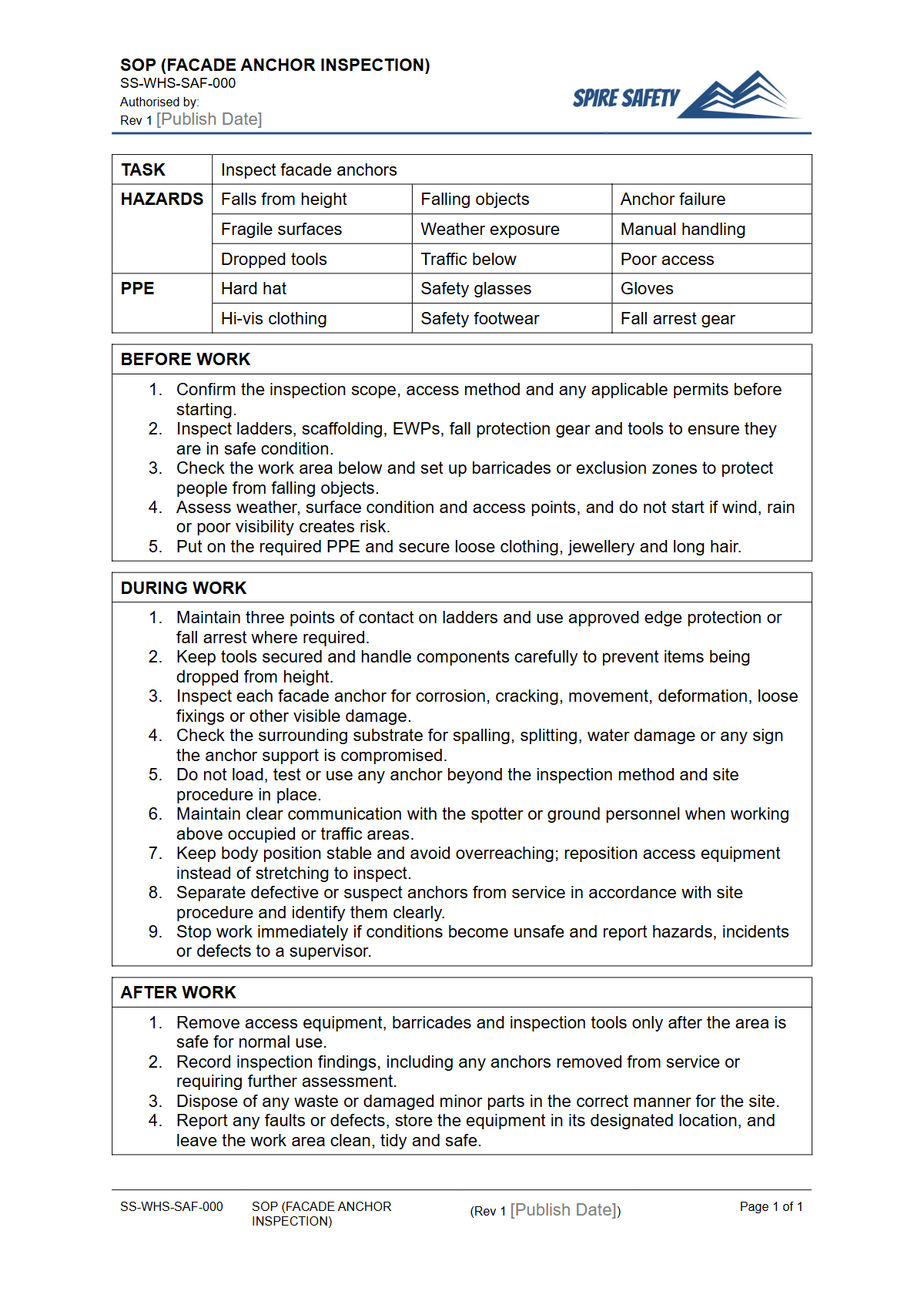 Free Safe Operating Procedure (Facade Anchor Inspection) Template — document preview