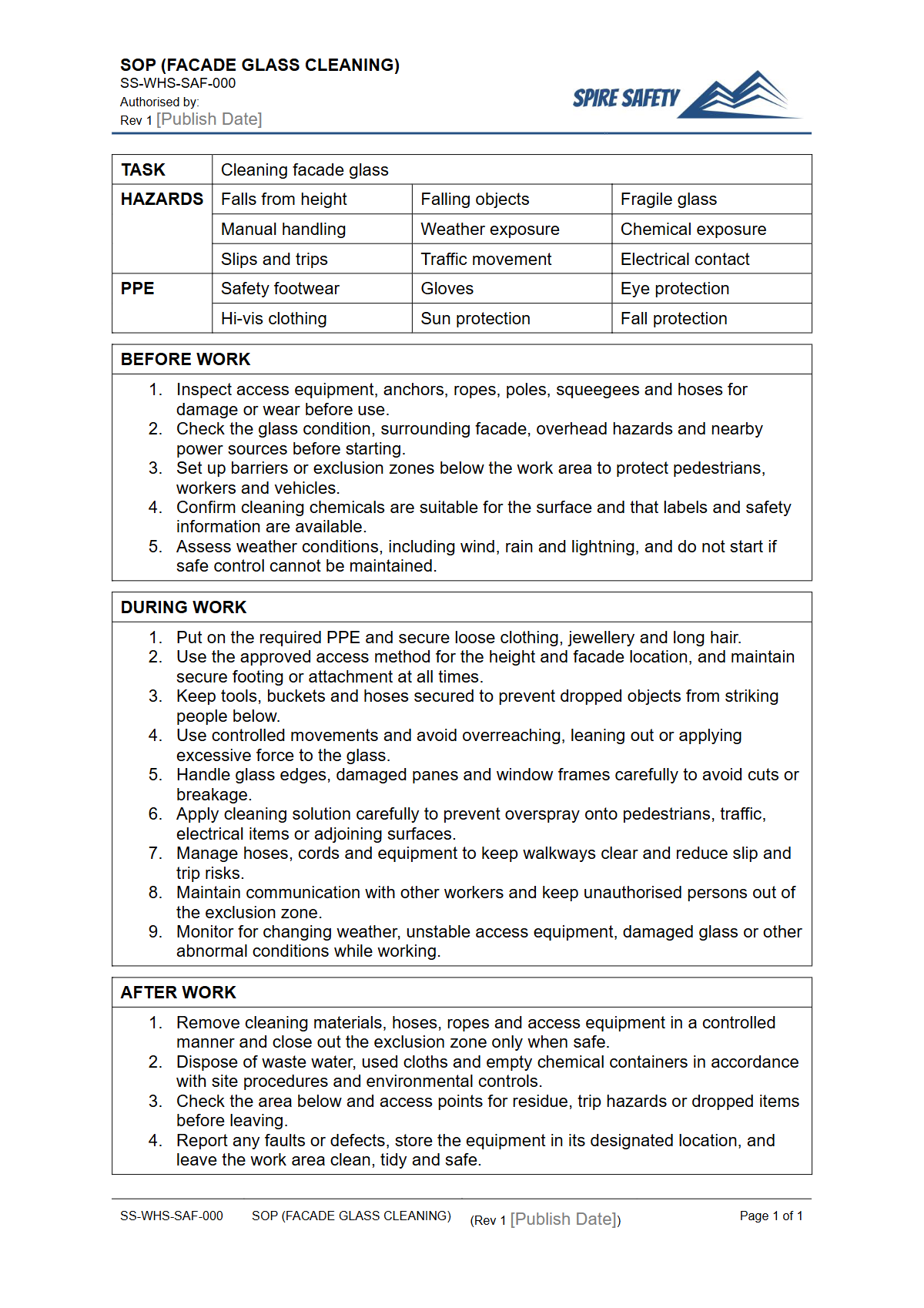 Free Safe Operating Procedure (Facade Glass Cleaning) Template — document preview