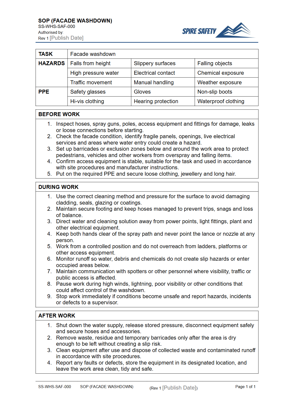 Free Safe Operating Procedure (Facade Washdown) Template — document preview