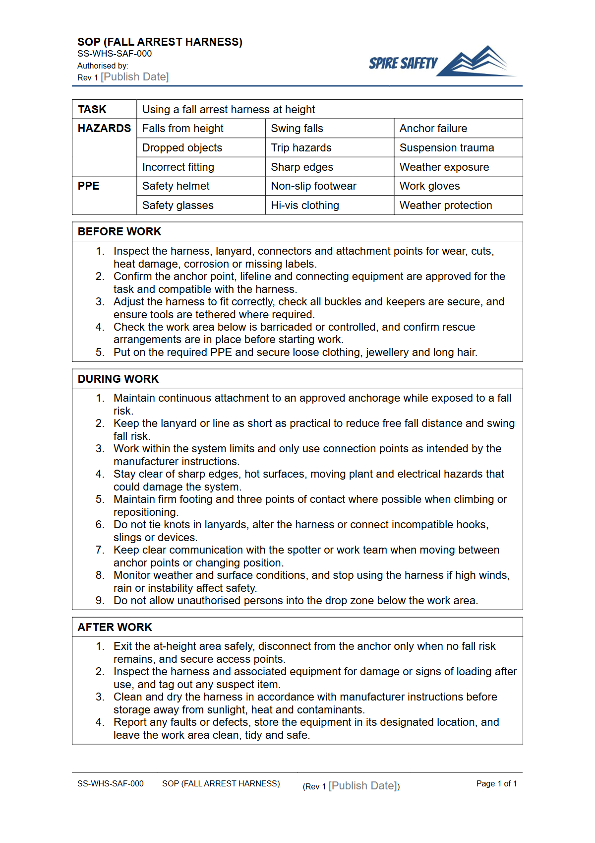 Free Safe Operating Procedure (Fall Arrest Harness) Template — document preview