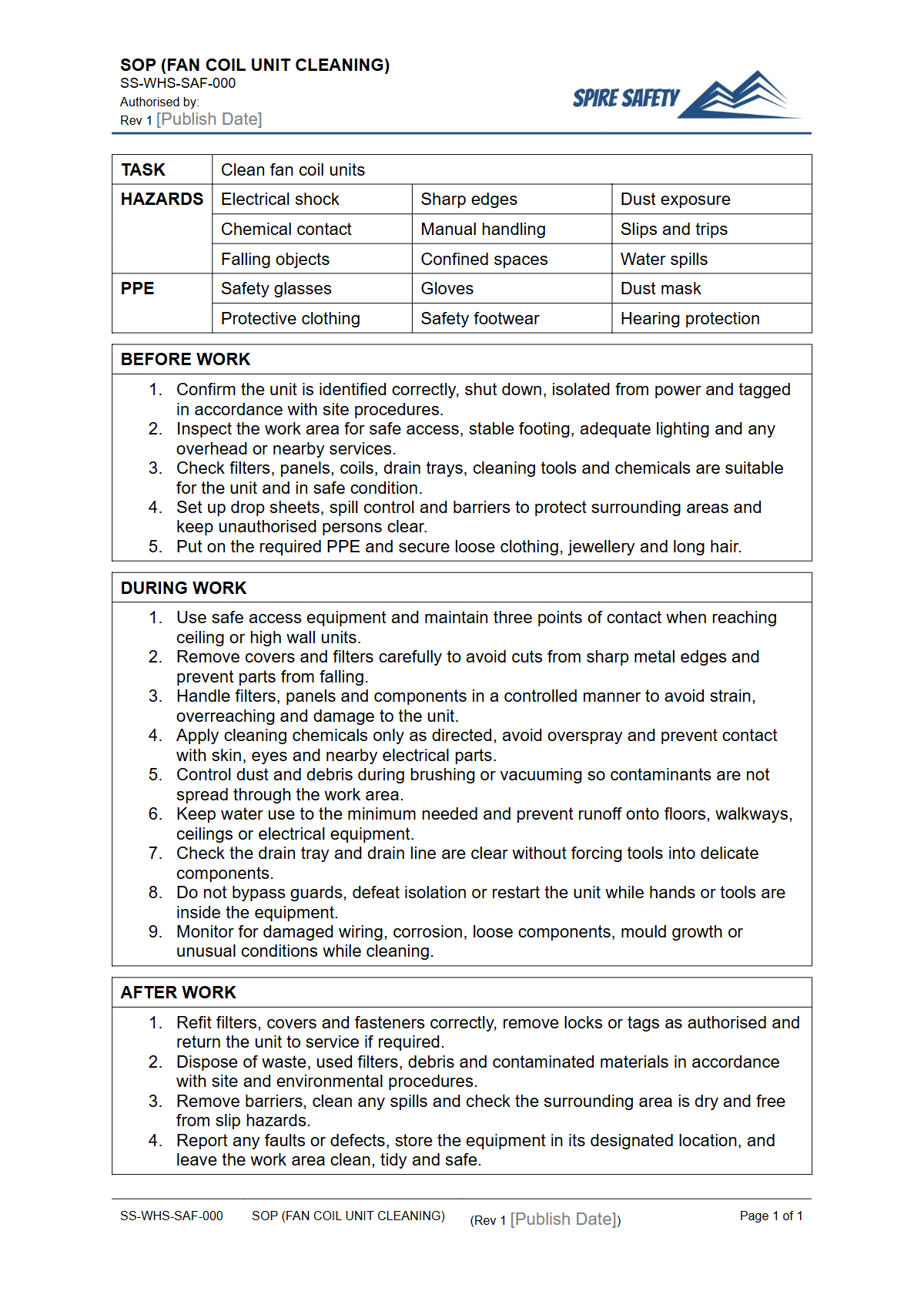 Free Safe Operating Procedure (Fan Coil Unit Cleaning) Template — document preview