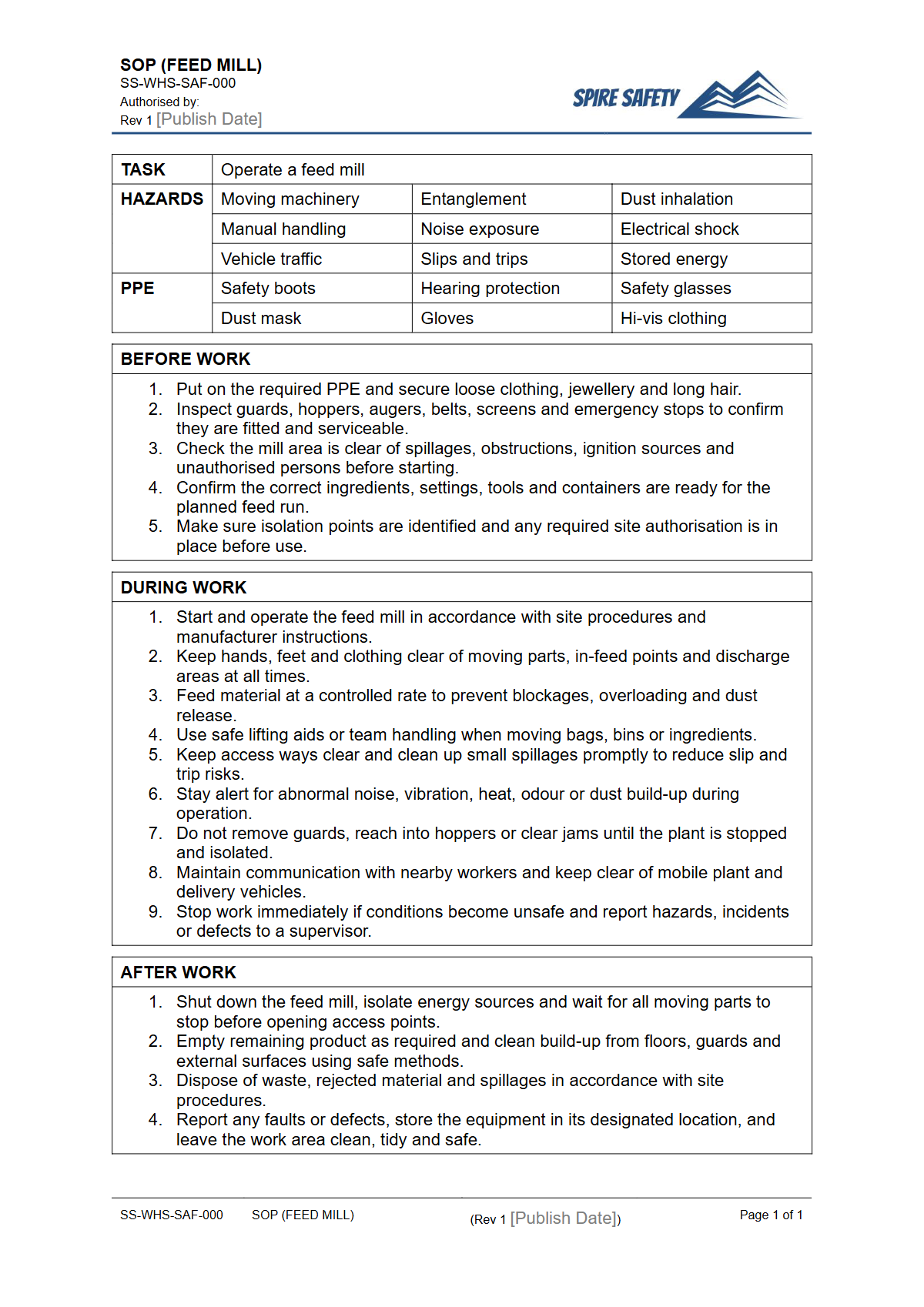 Free Safe Operating Procedure (Feed Mill) Template — document preview