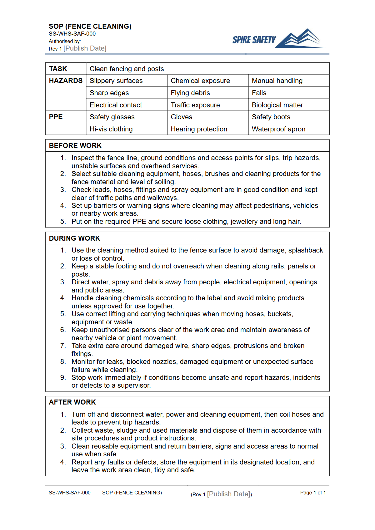 Free Safe Operating Procedure (Fence Cleaning) Template — document preview