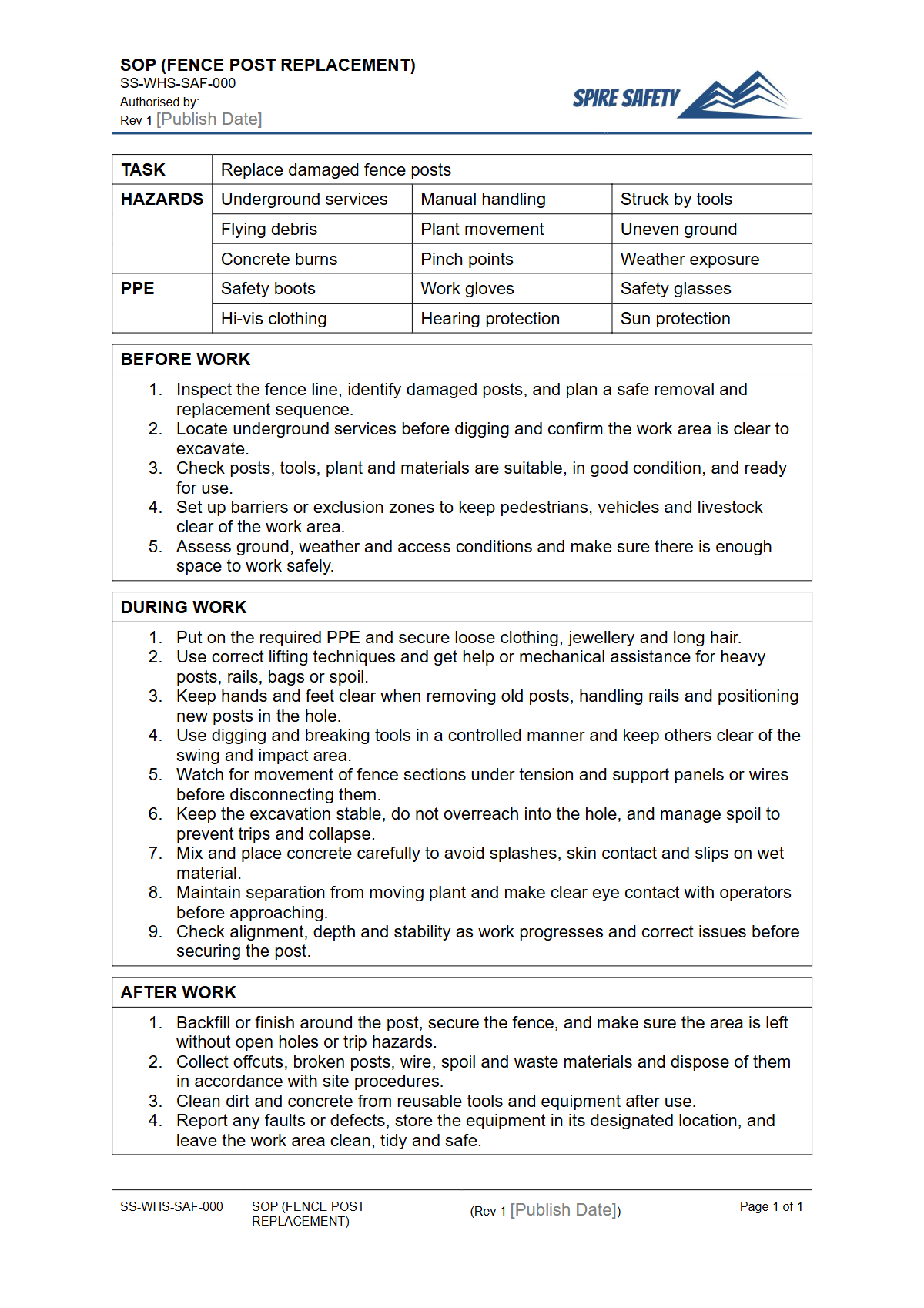 Free Safe Operating Procedure (Fence Post Replacement) Template — document preview