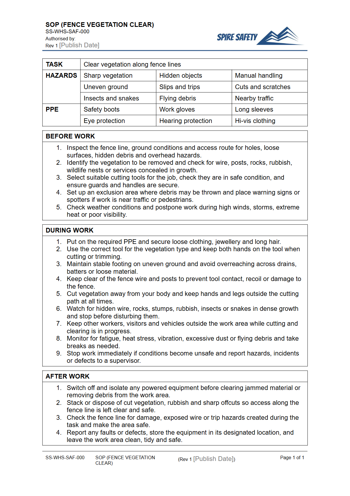 Free Safe Operating Procedure (Fence Vegetation Clear) Template — document preview