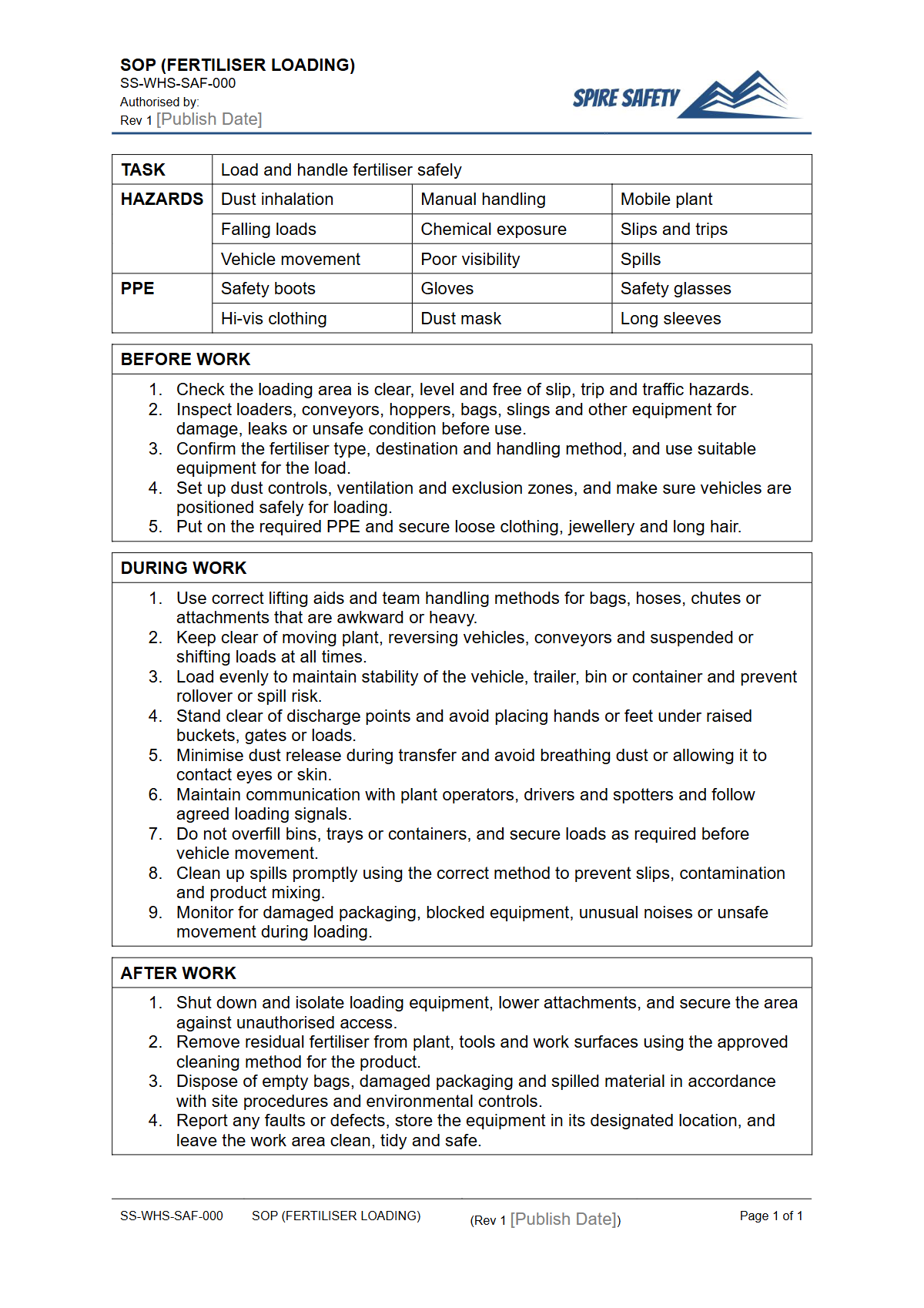 Free Safe Operating Procedure (Fertiliser Loading) Template — document preview