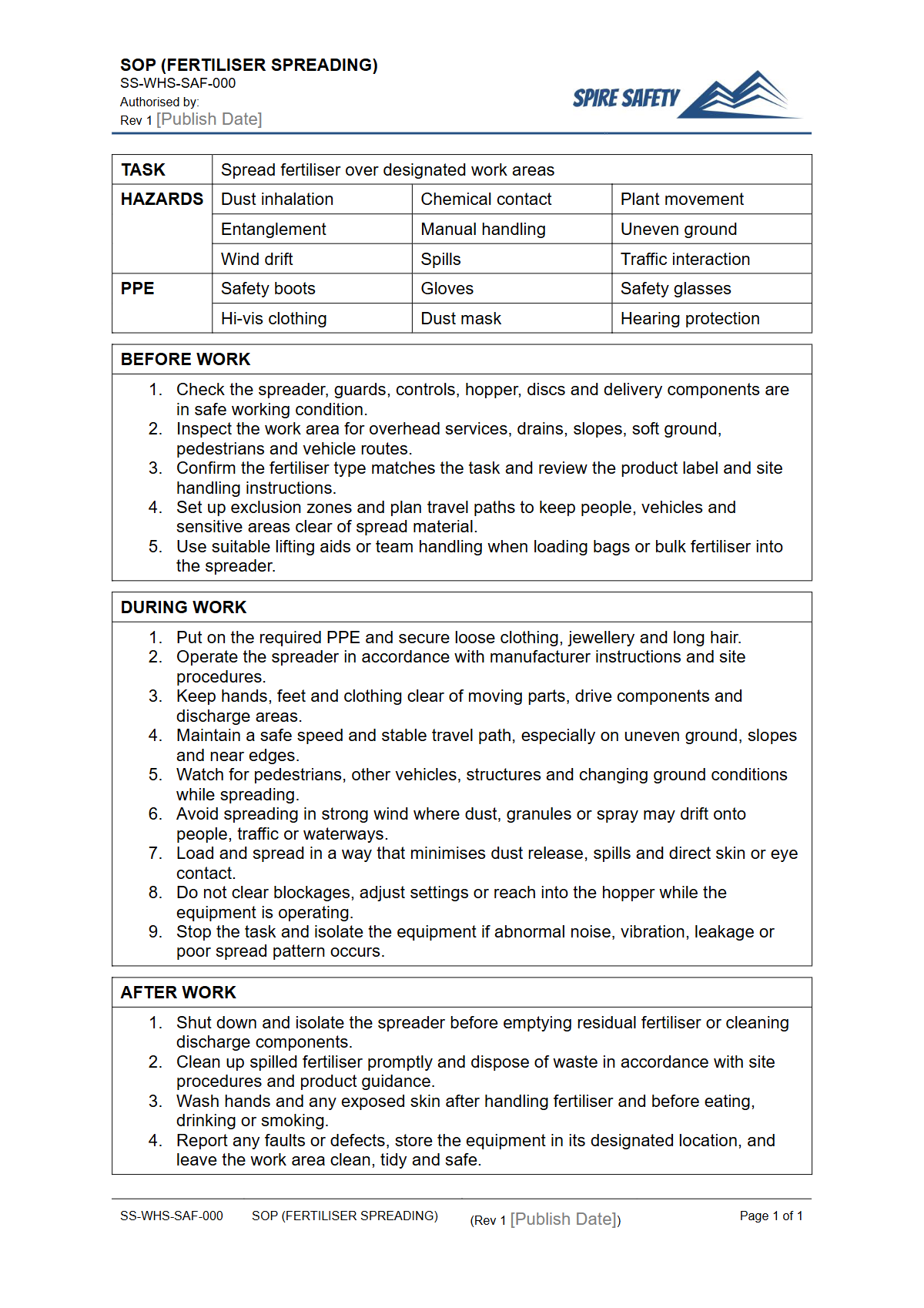 Free Safe Operating Procedure (Fertiliser Spreading) Template — document preview