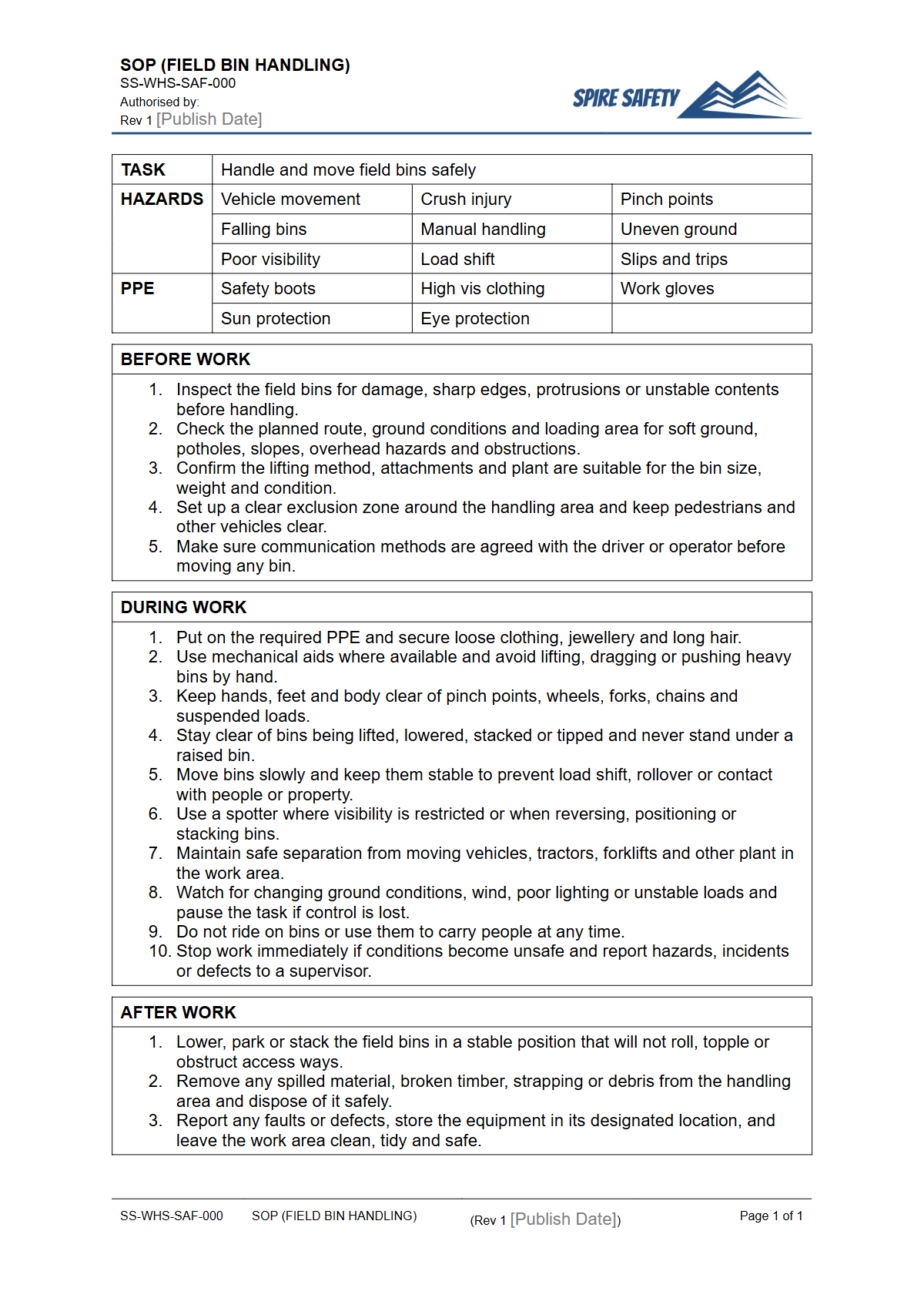 Free Safe Operating Procedure (Field Bin Handling) Template — document preview
