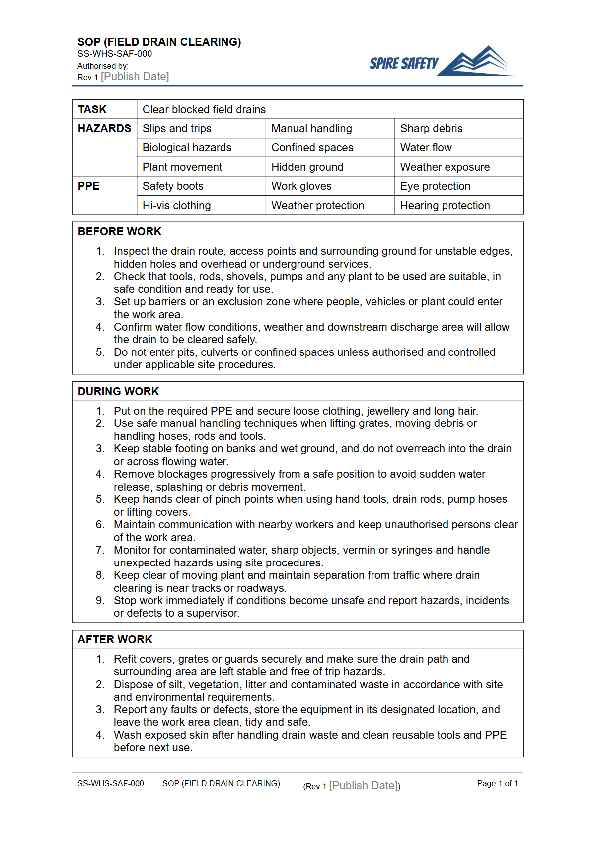 Free Safe Operating Procedure (Field Drain Clearing) Template — document preview