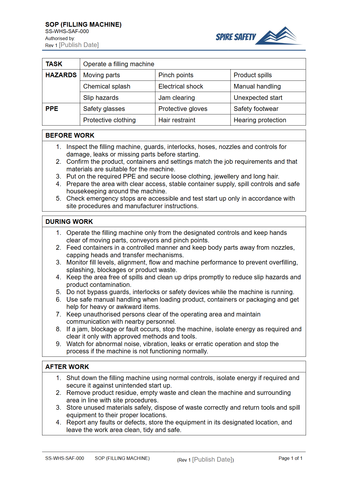 Free Safe Operating Procedure (Filling Machine) Template — document preview