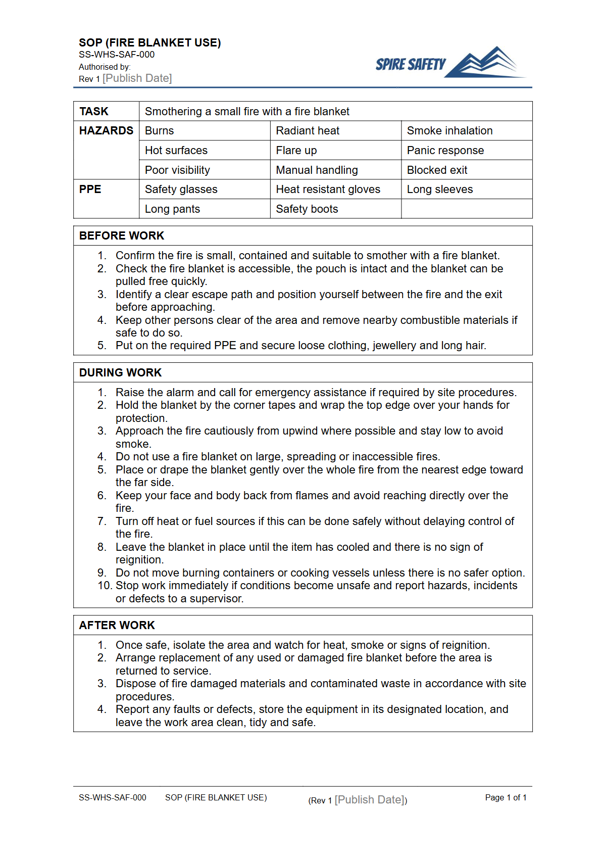 Free Safe Operating Procedure (Fire Blanket Use) Template — document preview