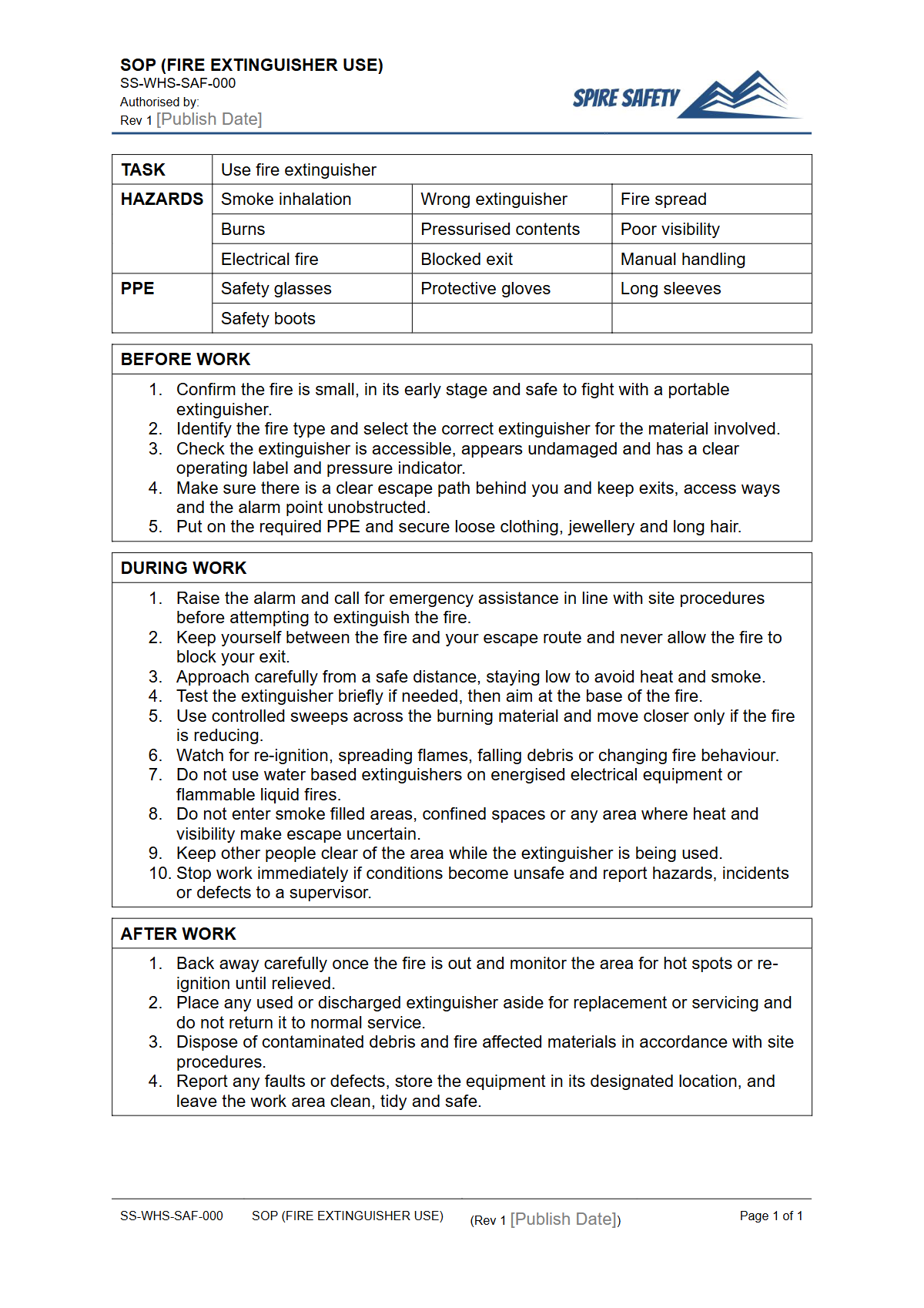 Free Safe Operating Procedure (Fire Extinguisher Use) Template — document preview