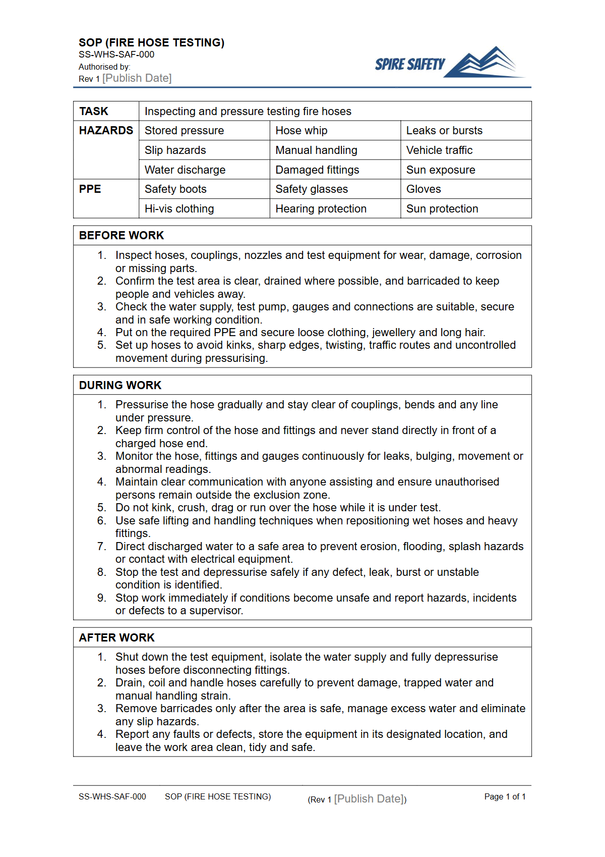 Free Safe Operating Procedure (Fire Hose Testing) Template — document preview