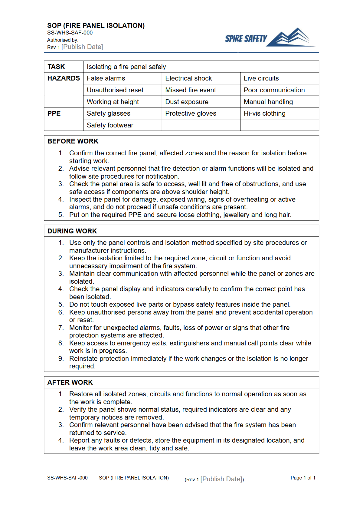 Free Safe Operating Procedure (Fire Panel Isolation) Template — document preview