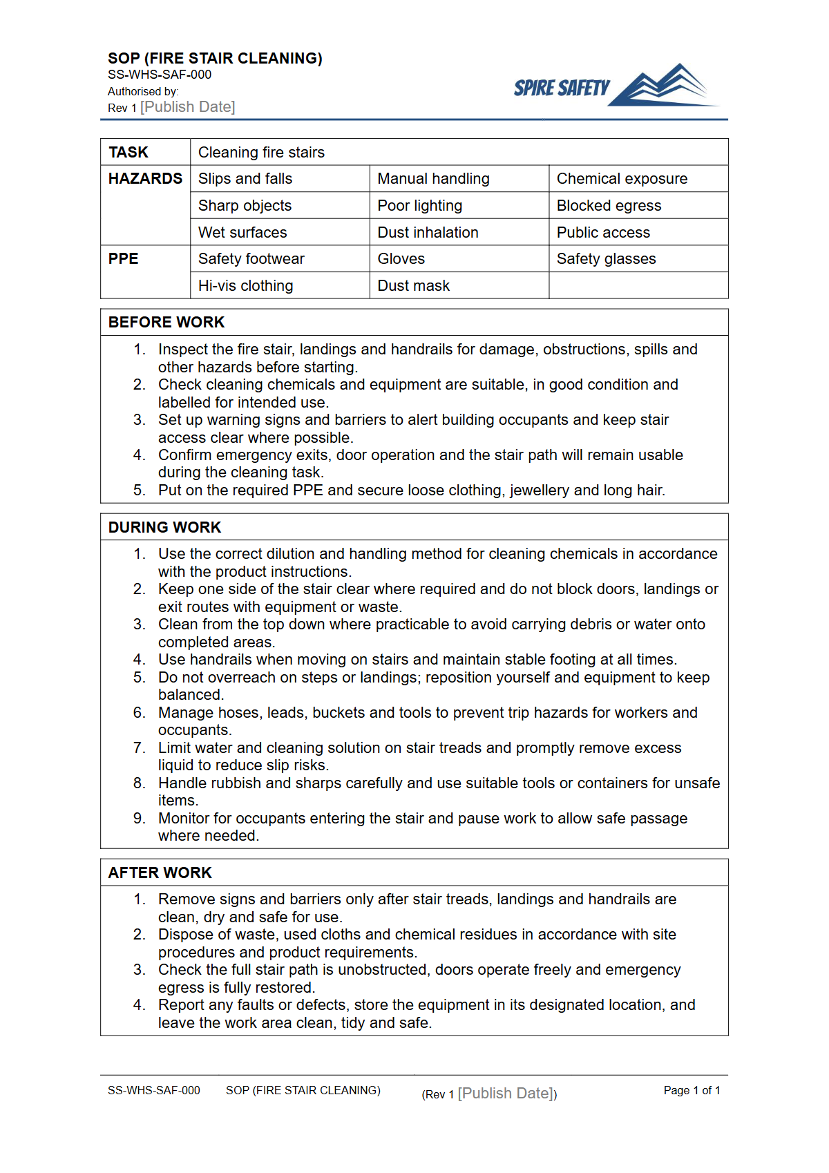 Free Safe Operating Procedure (Fire Stair Cleaning) Template — document preview