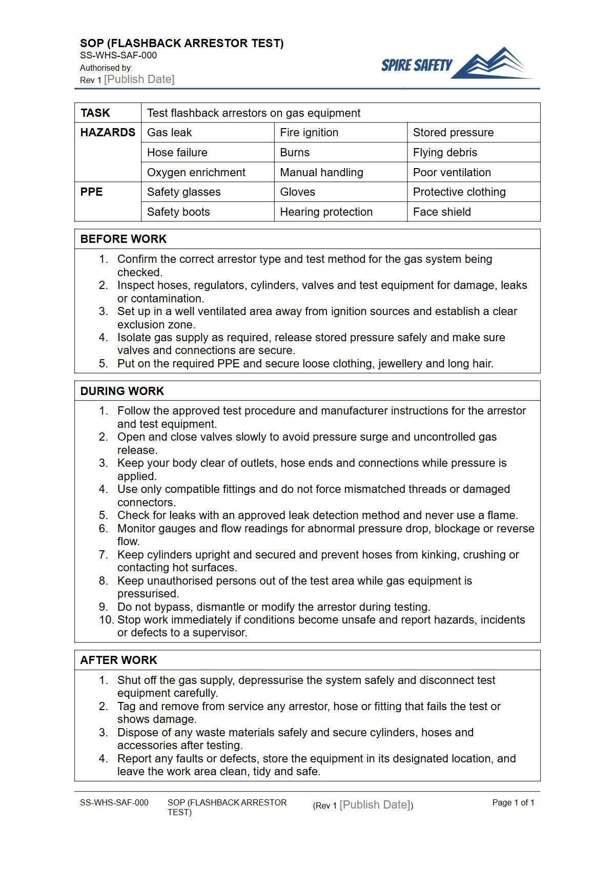 Free Safe Operating Procedure (Flashback Arrestor Test) Template — document preview
