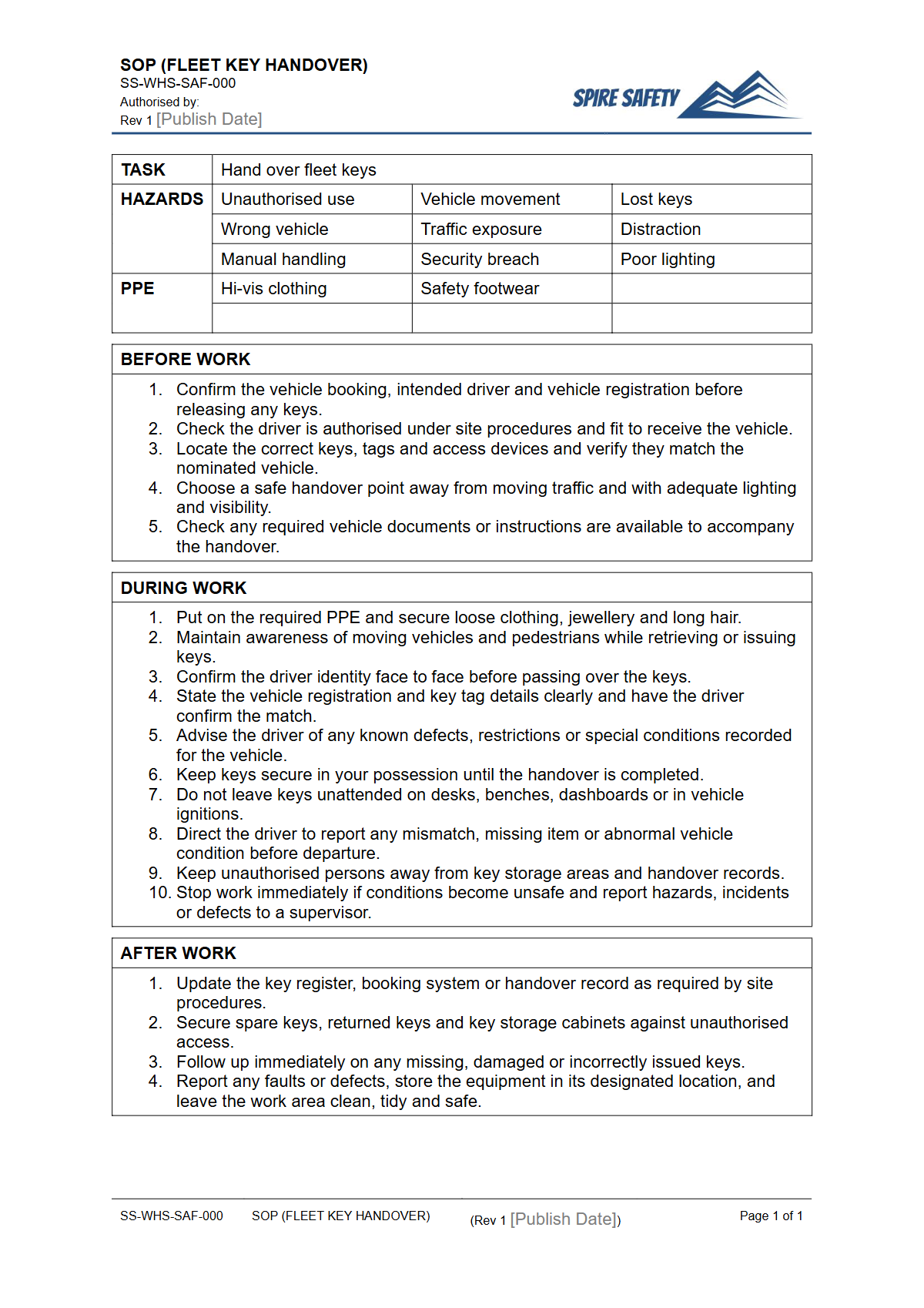 Free Safe Operating Procedure (Fleet Key Handover) Template — document preview