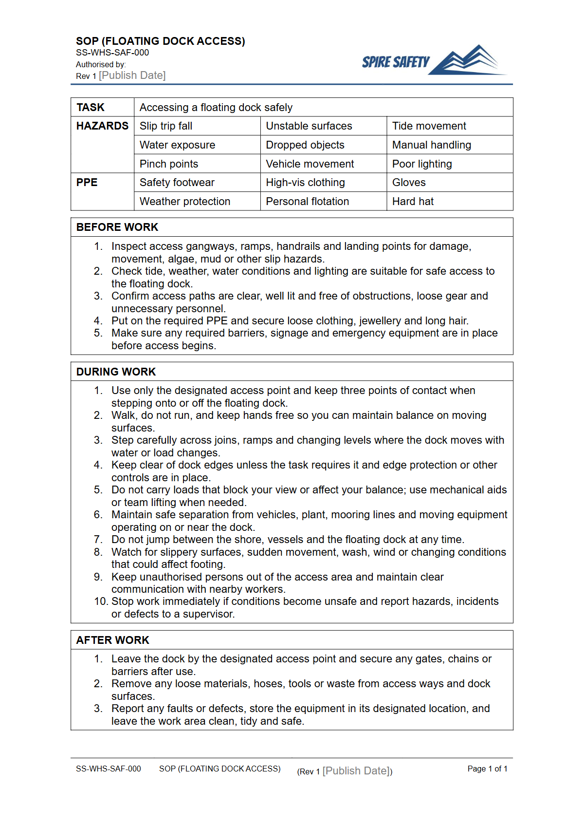 Free Safe Operating Procedure (Floating Dock Access) Template — document preview