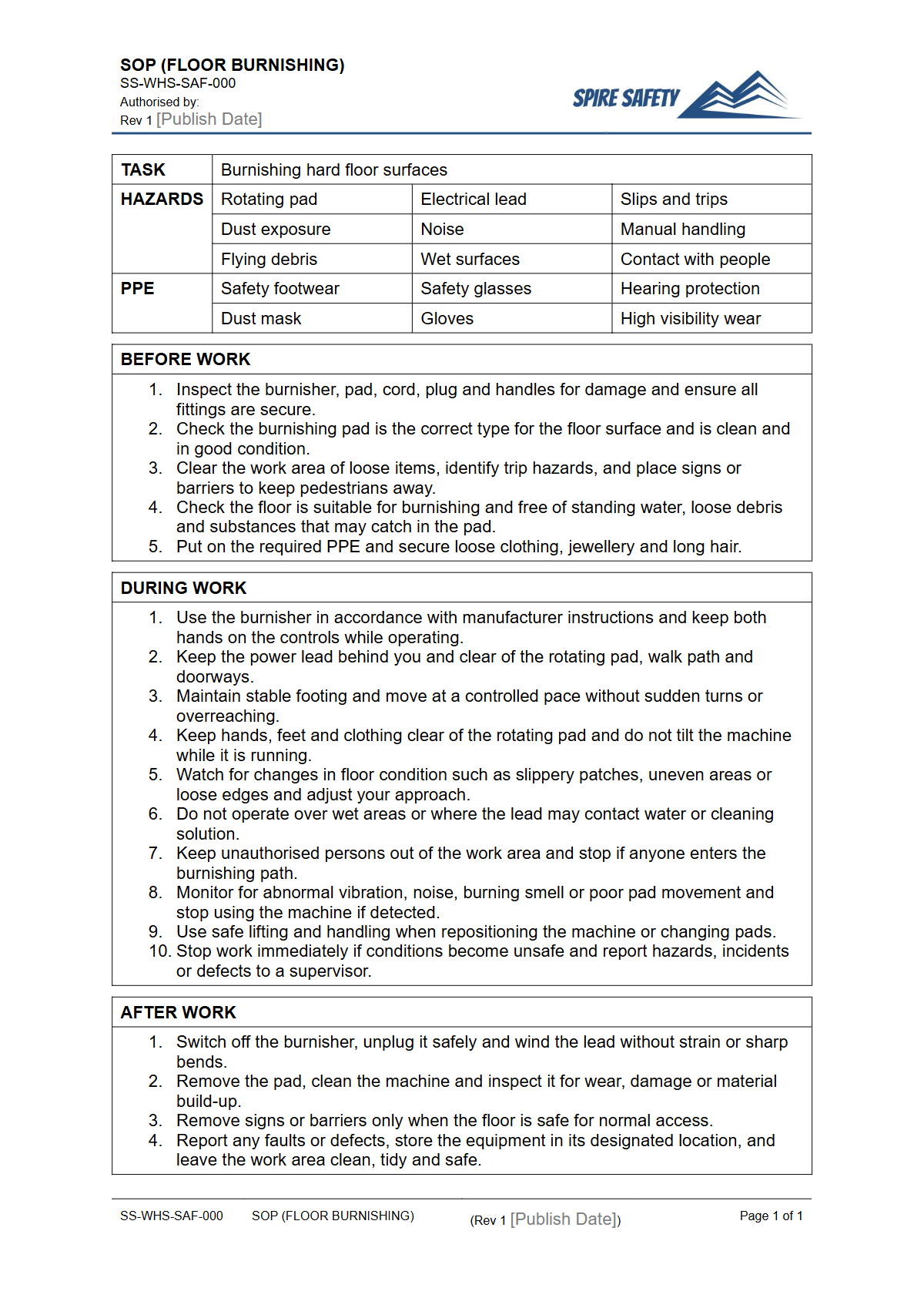 Free Safe Operating Procedure (Floor Burnishing) Template — document preview