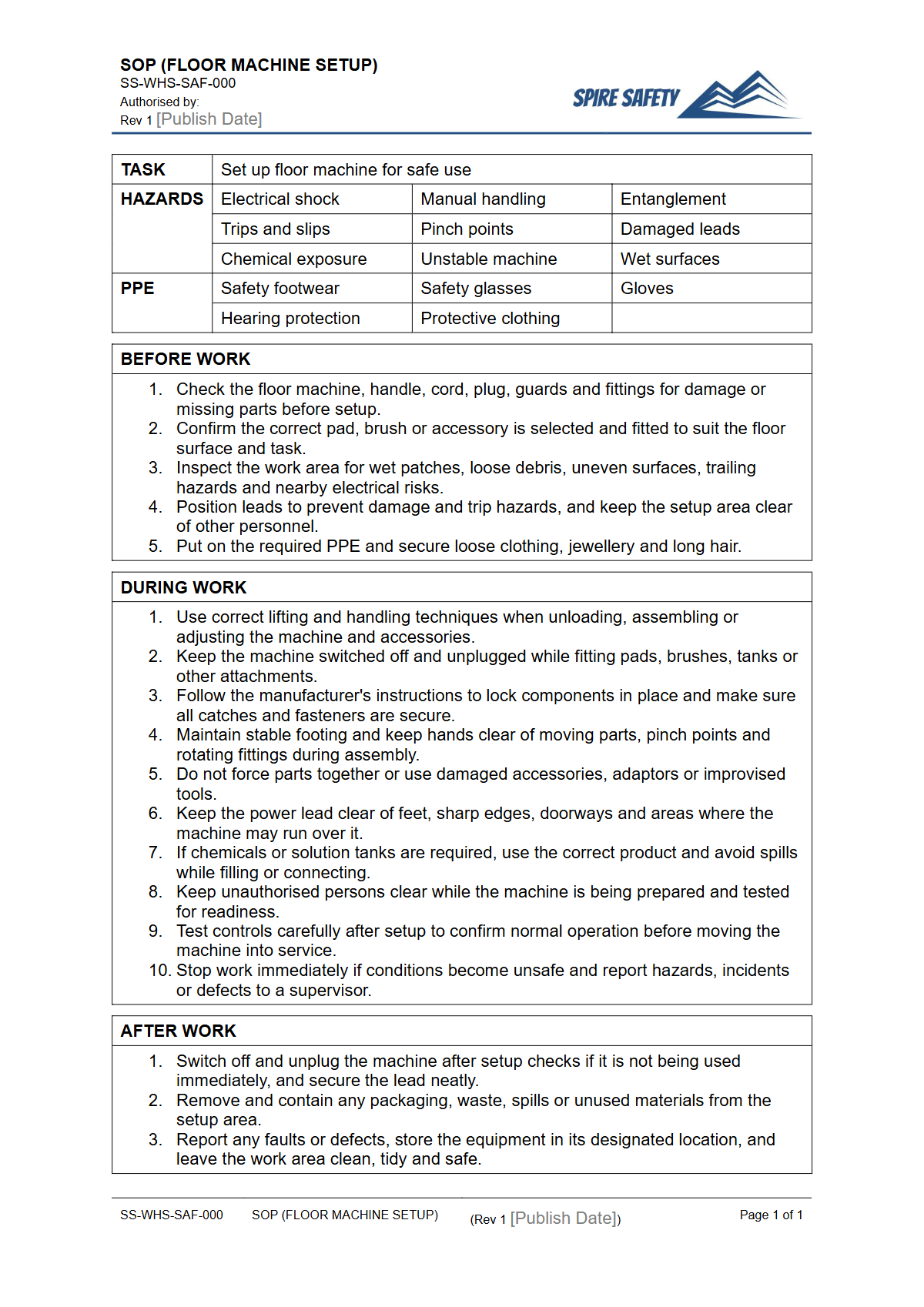 Free Safe Operating Procedure (Floor Machine Setup) Template — document preview