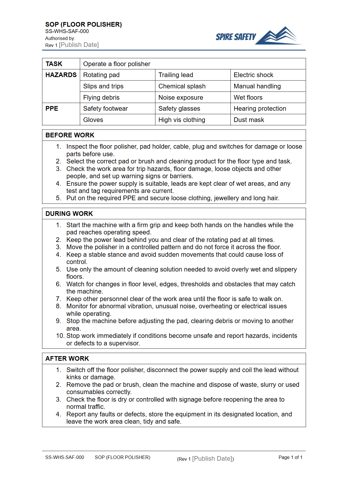 Free Safe Operating Procedure (Floor Polisher) Template — document preview