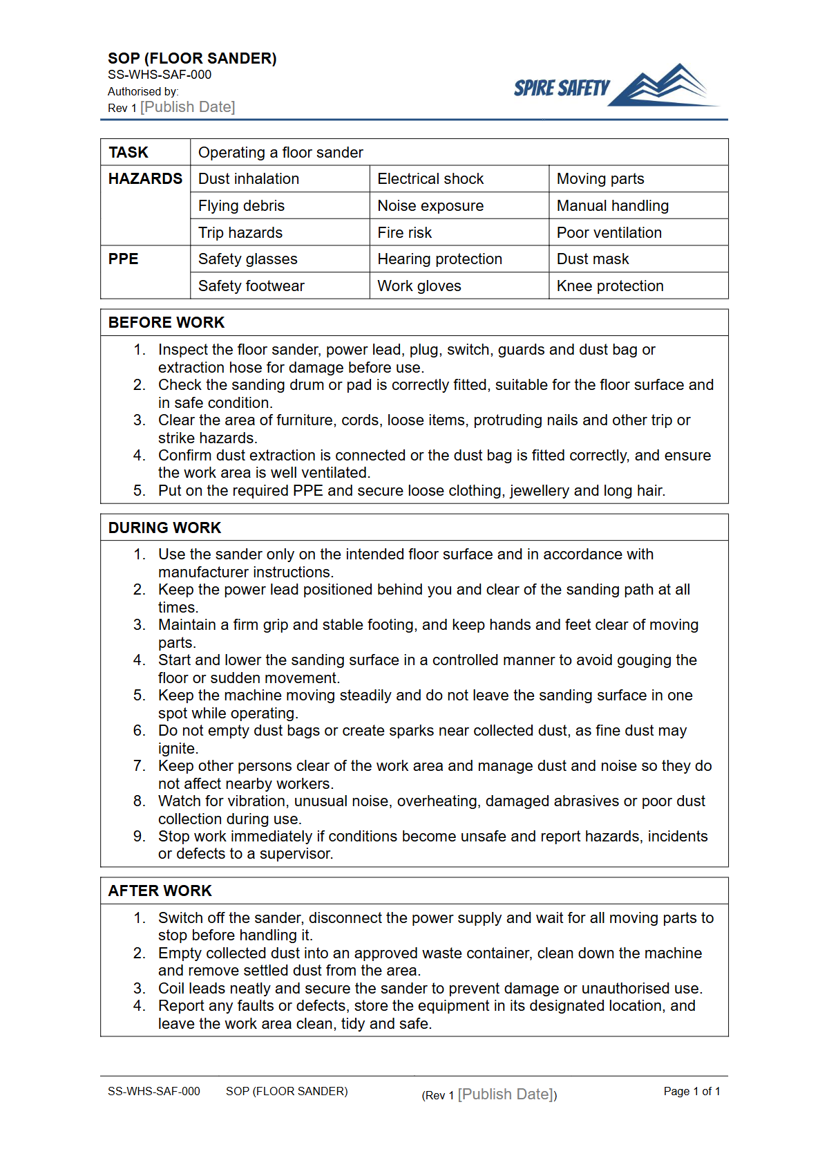 Free Safe Operating Procedure (Floor Sander) Template — document preview
