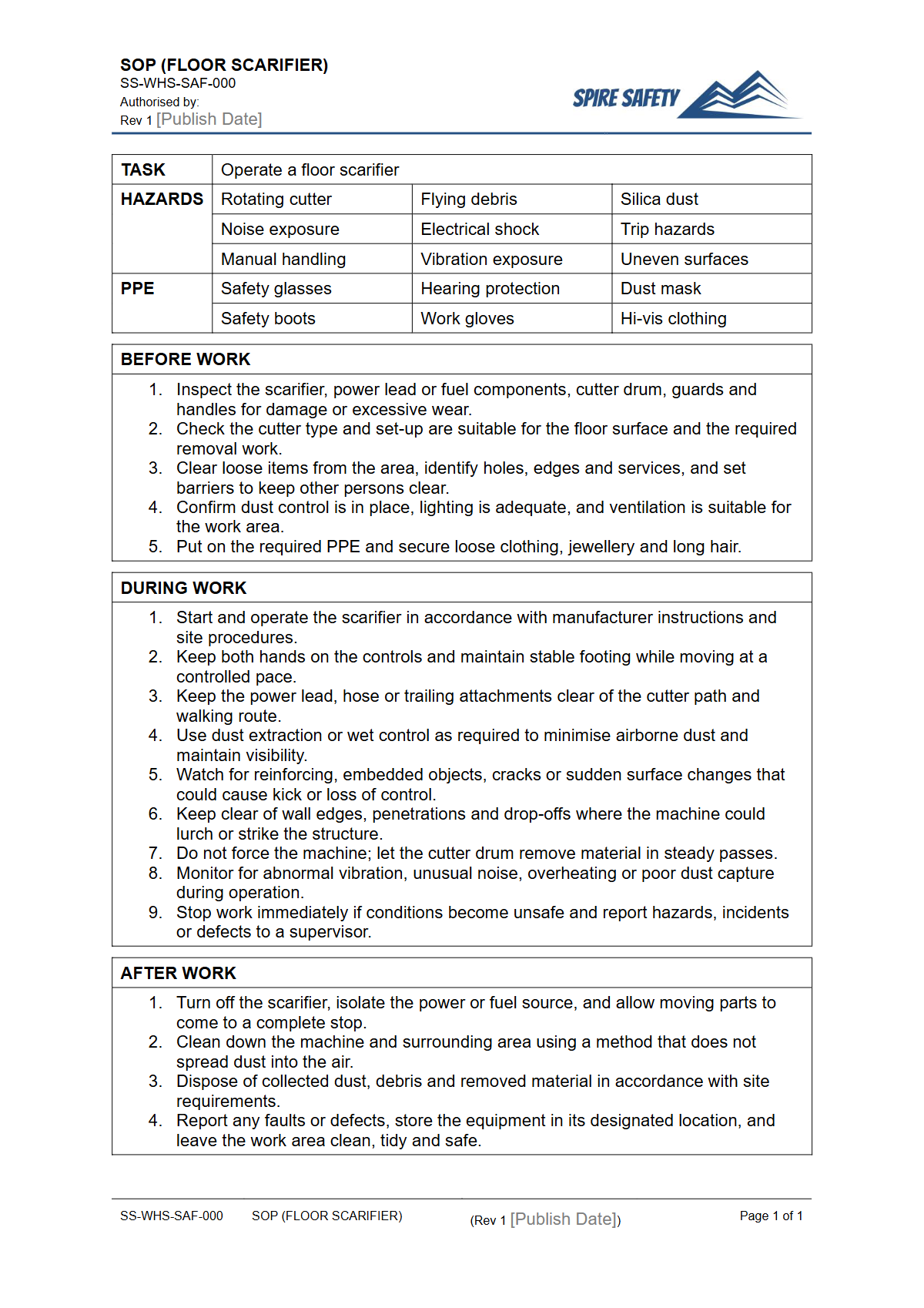 Free Safe Operating Procedure (Floor Scarifier) Template — document preview