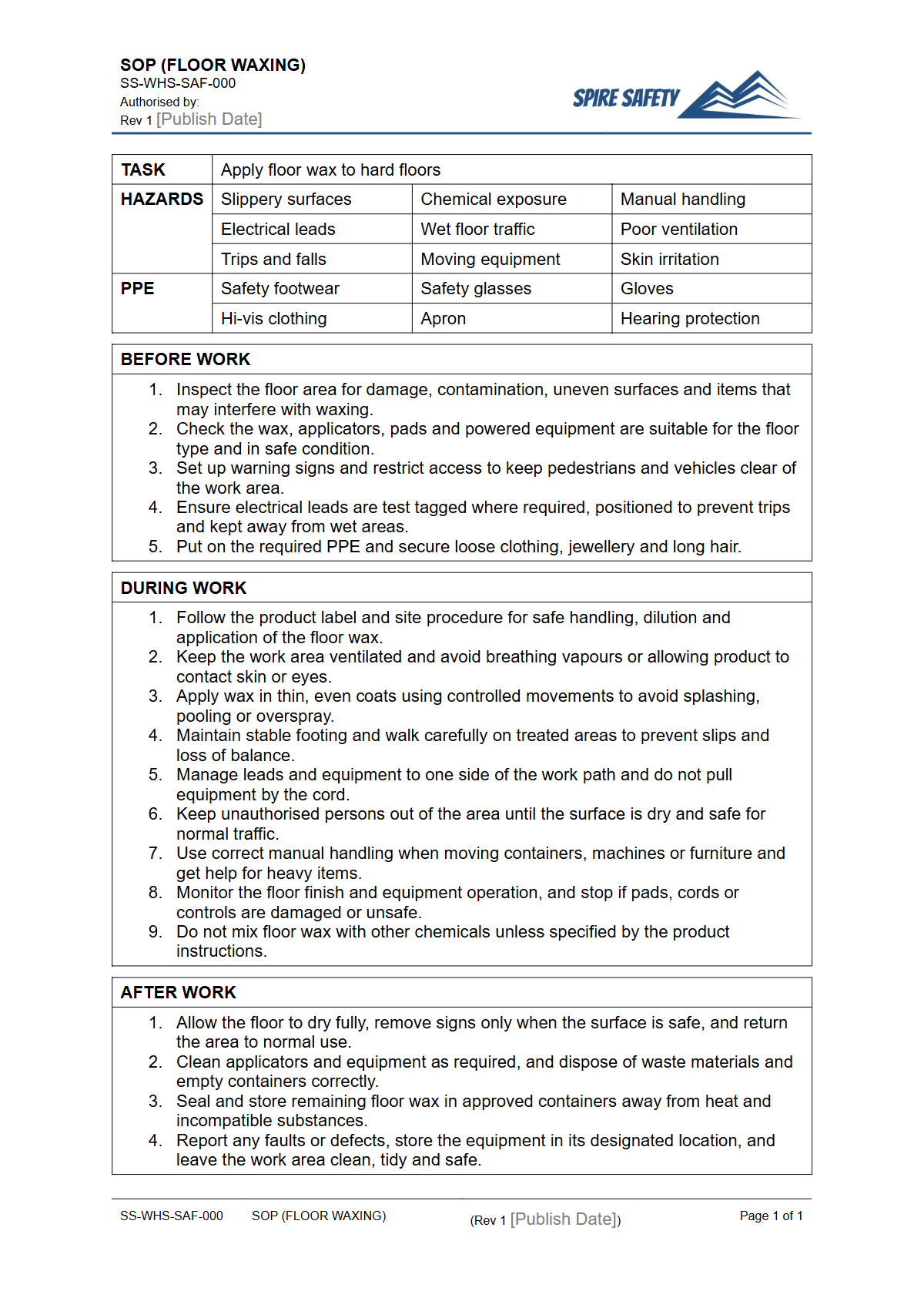 Free Safe Operating Procedure (Floor Waxing) Template — document preview