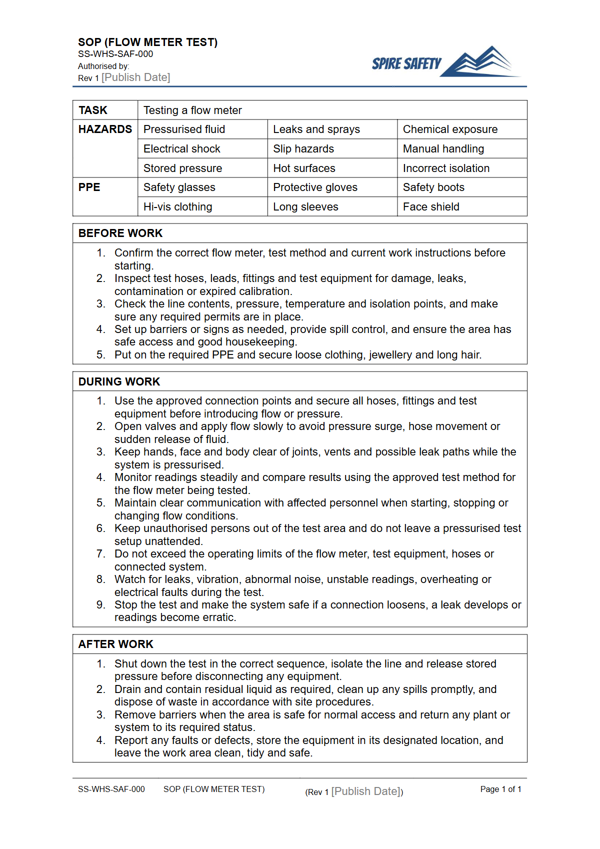 Free Safe Operating Procedure (Flow Meter Test) Template — document preview