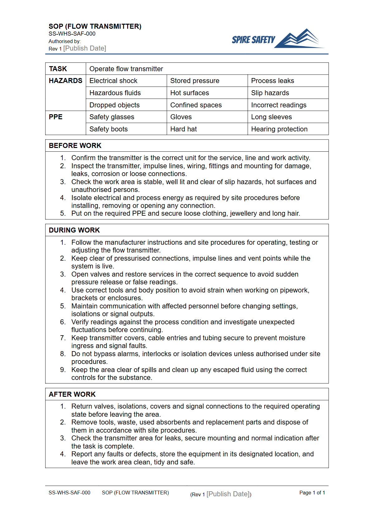 Free Safe Operating Procedure (Flow Transmitter) Template — document preview