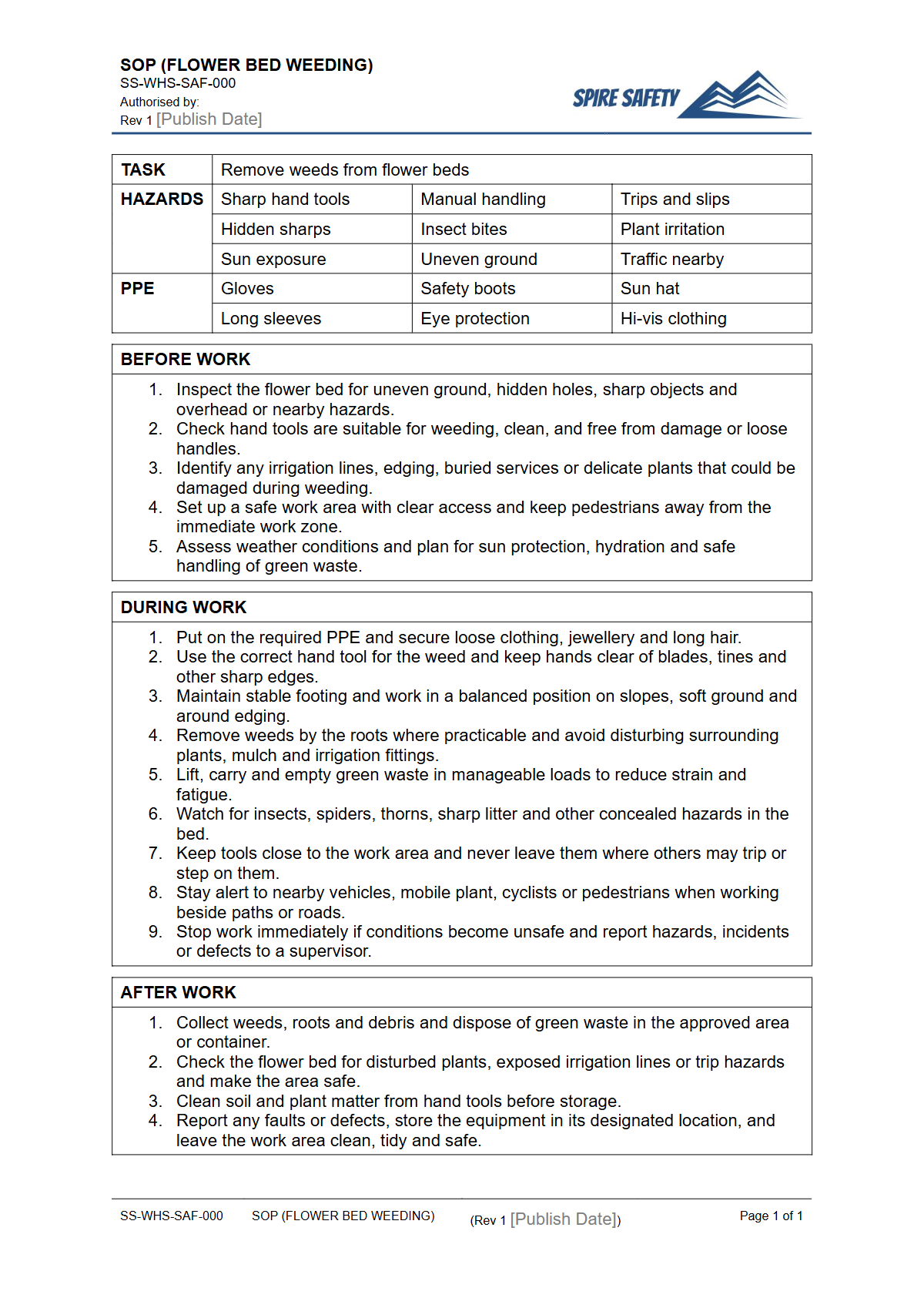 Free Safe Operating Procedure (Flower Bed Weeding) Template — document preview