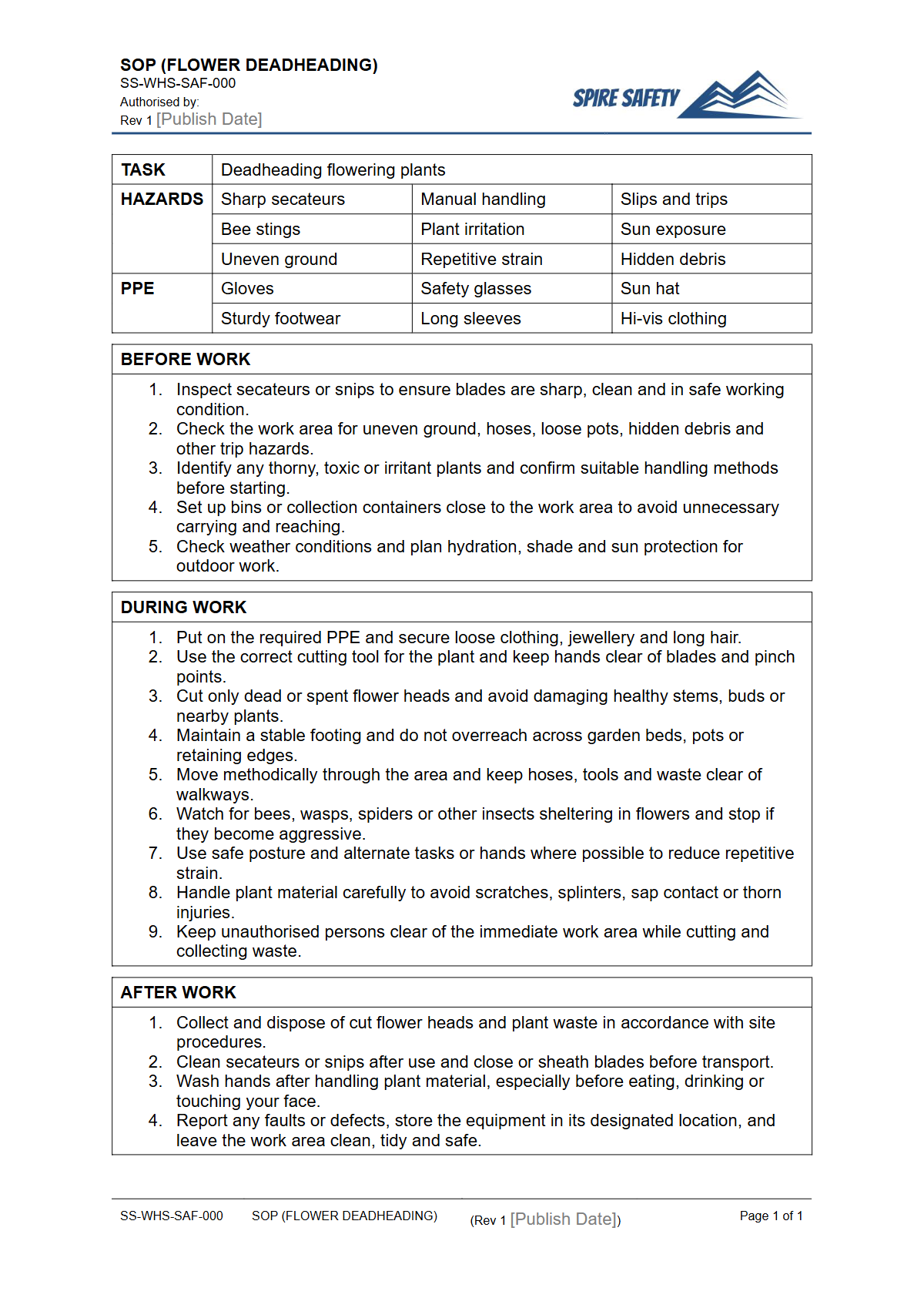 Free Safe Operating Procedure (Flower Deadheading) Template — document preview