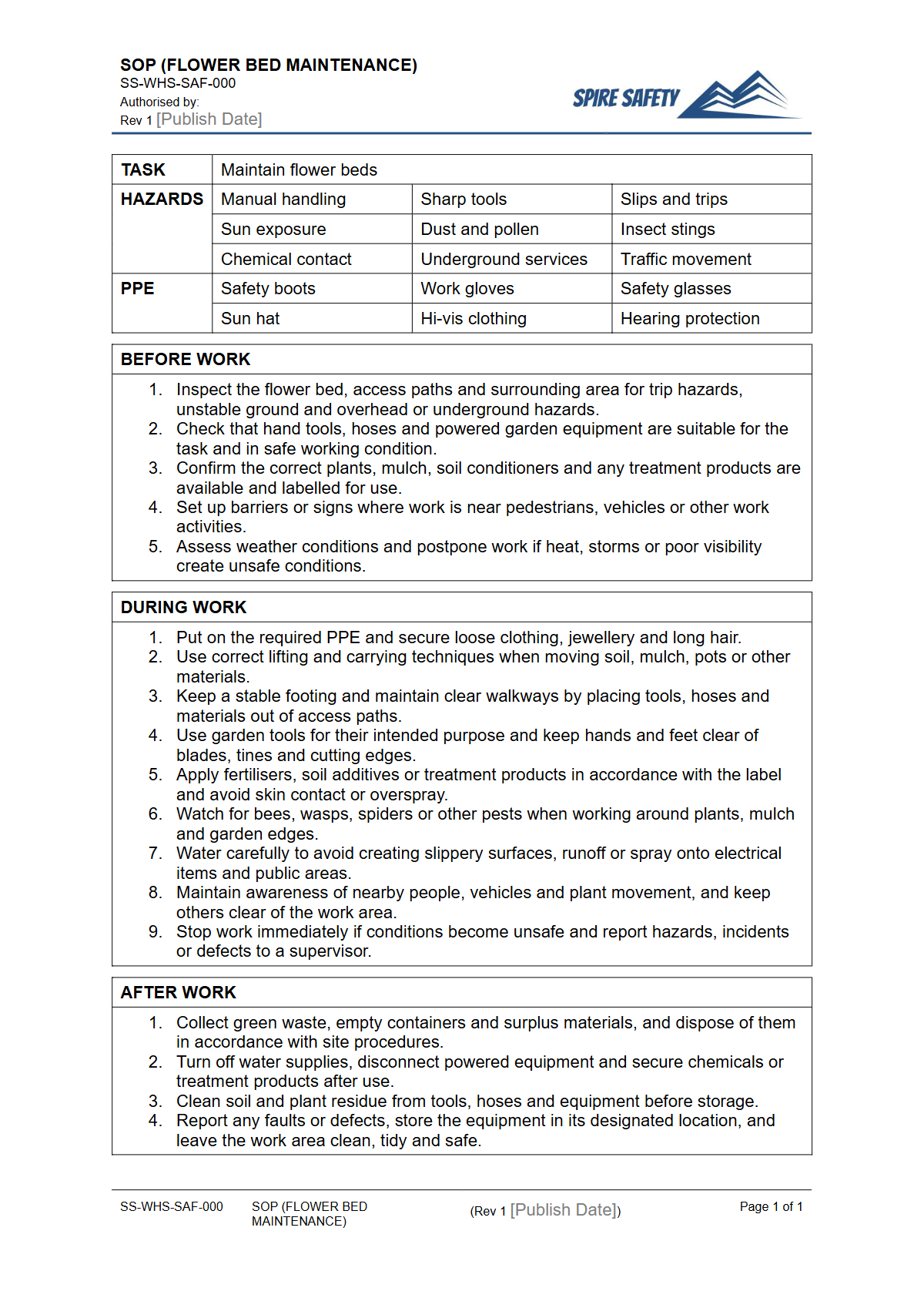 Free Safe Operating Procedure (Flower Bed Maintenance) Template — document preview
