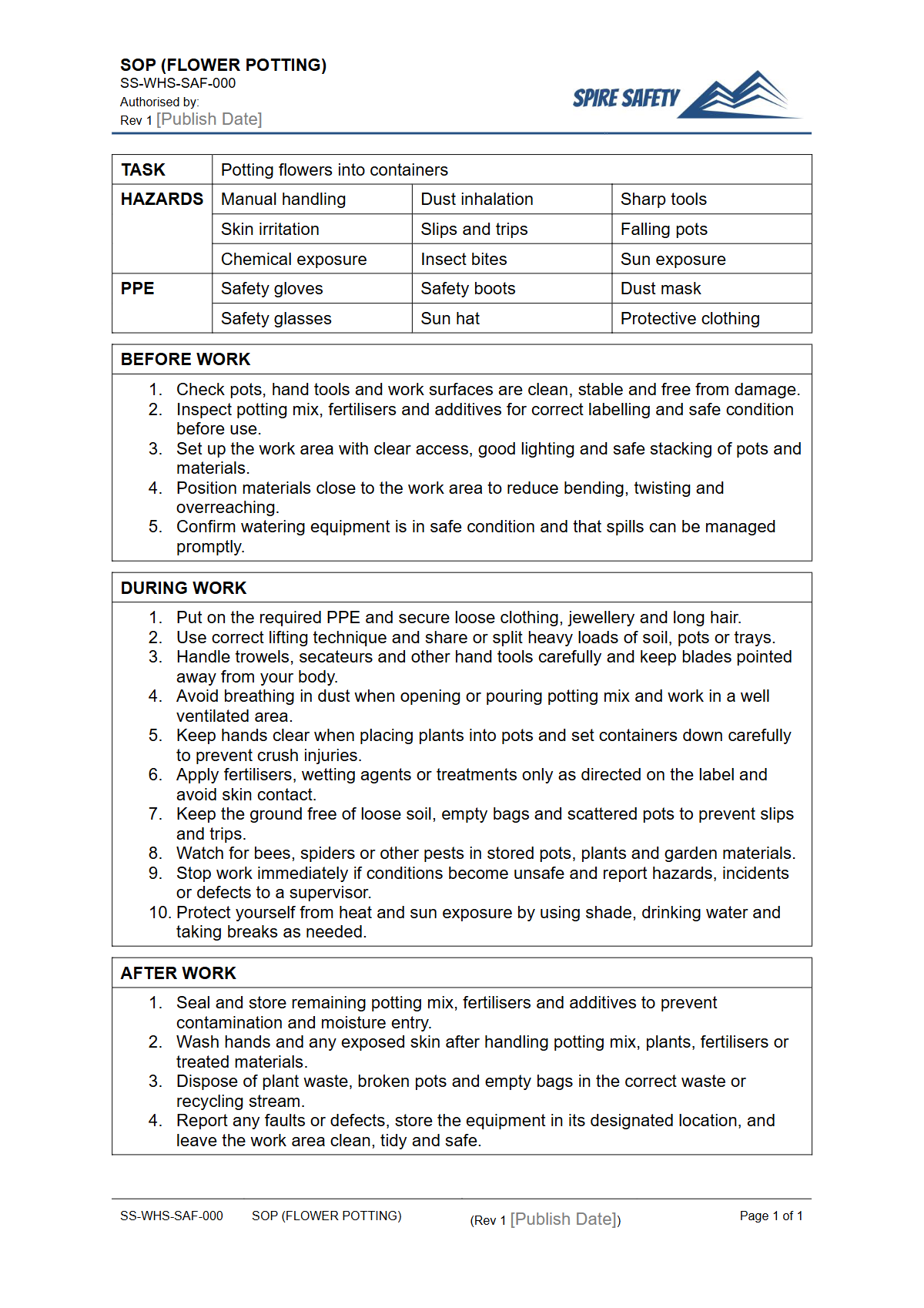 Free Safe Operating Procedure (Flower Potting) Template — document preview