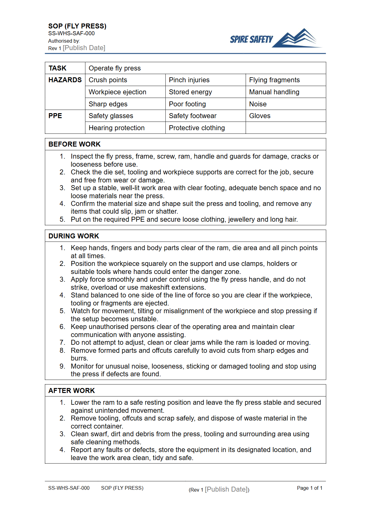 Free Safe Operating Procedure (Fly Press) Template — document preview
