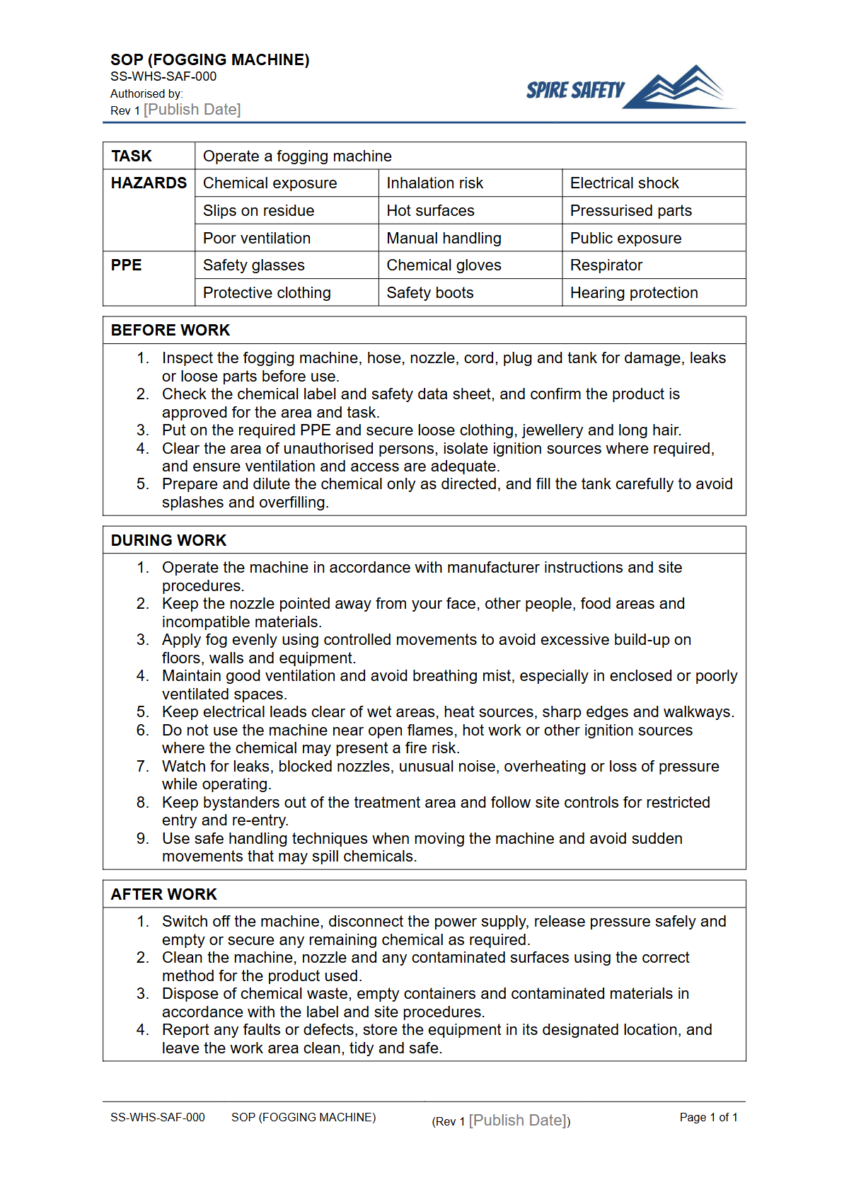 Free Safe Operating Procedure (Fogging Machine) Template — document preview