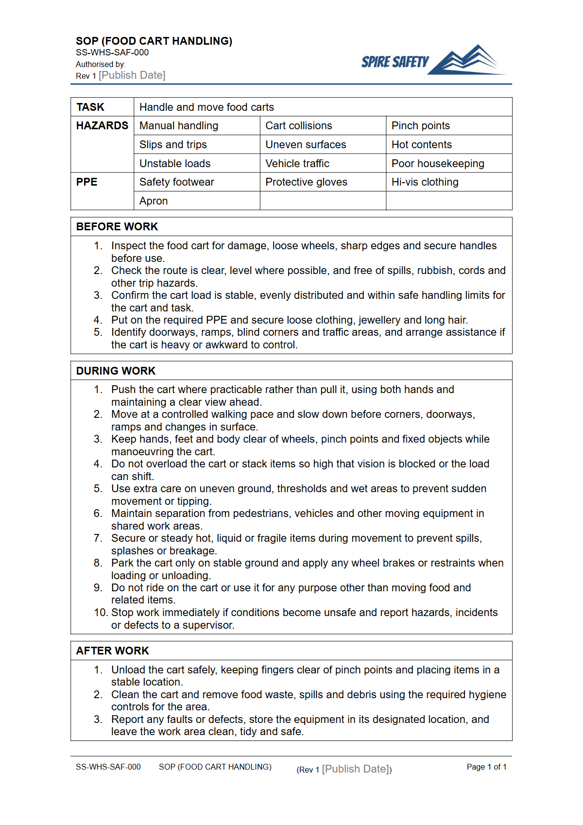 Free Safe Operating Procedure (Food Cart Handling) Template — document preview